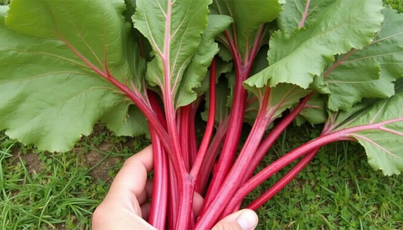 A person showcases when to harvest rhubard holding healthy red and green leaves of rhubarb