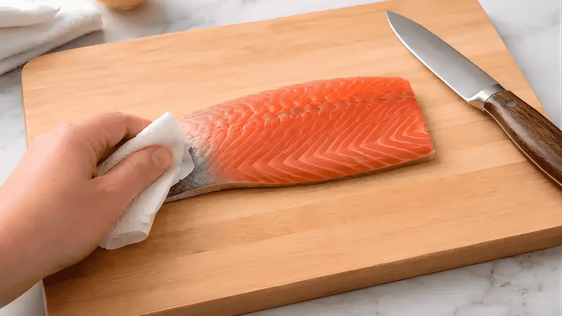 A person wipes down a piece of fish on a wooden cutting board before cooking