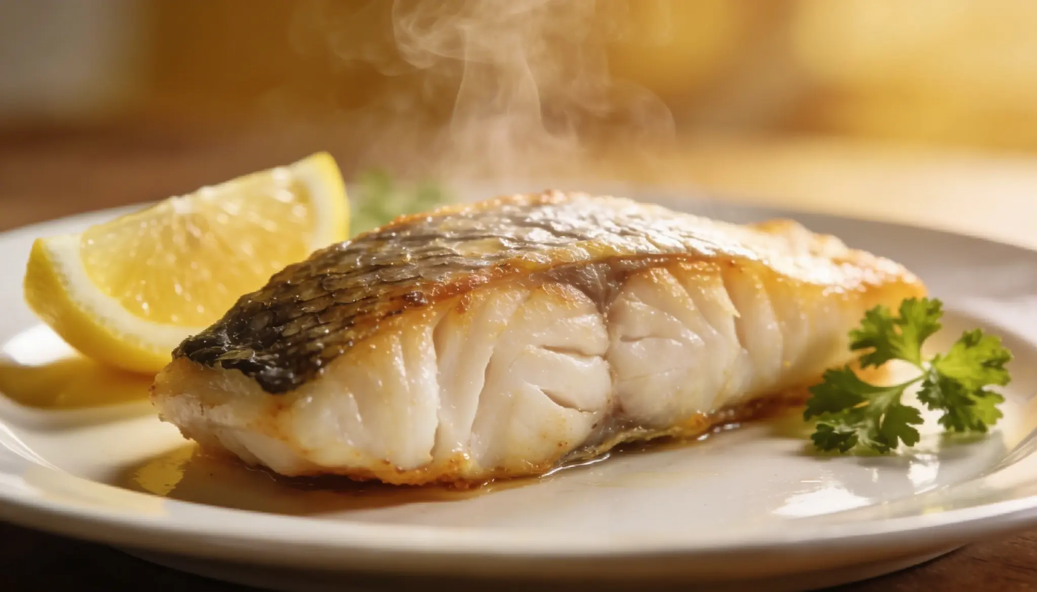 A piece of fish garnished with a lemon slice served on a white plate