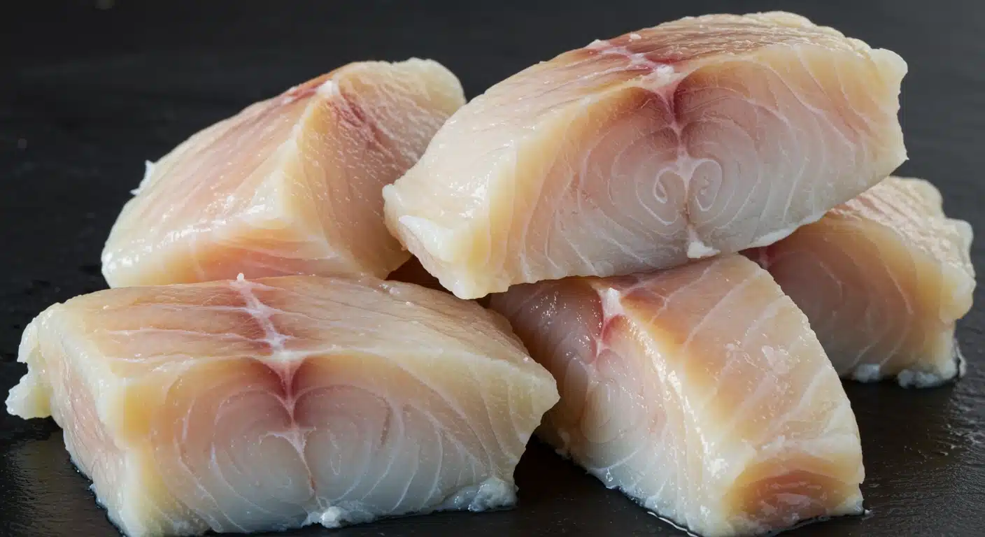 A pile of raw cod displayed on a sleek black surface
