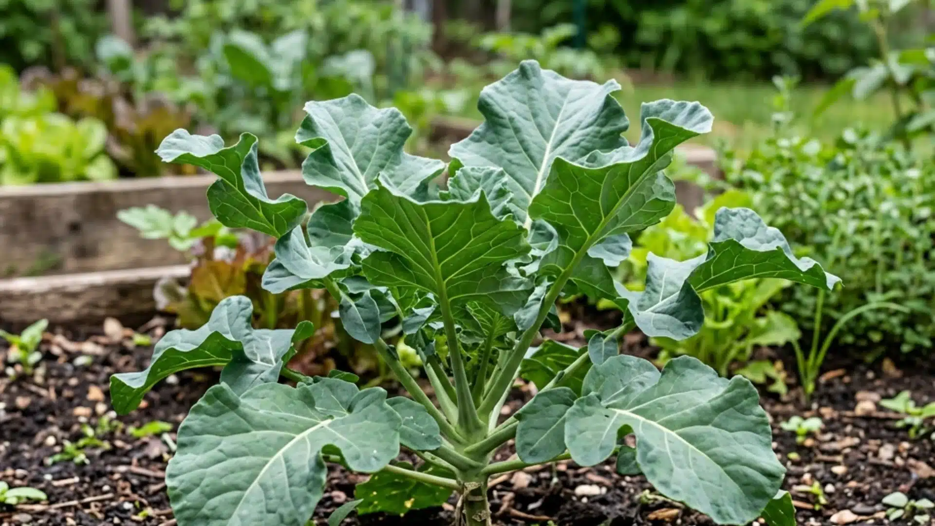 A young broccoli plant with large, crinkled green leaves growing in dark soil within a raised vegetable garden.