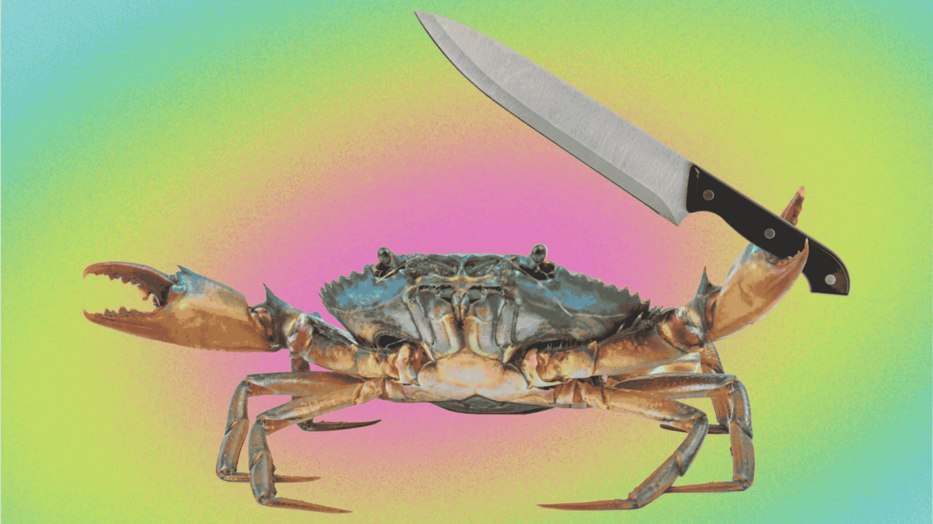 An image of a blue crab brandishing a large chef’s knife against a vibrant, grainy rainbow background