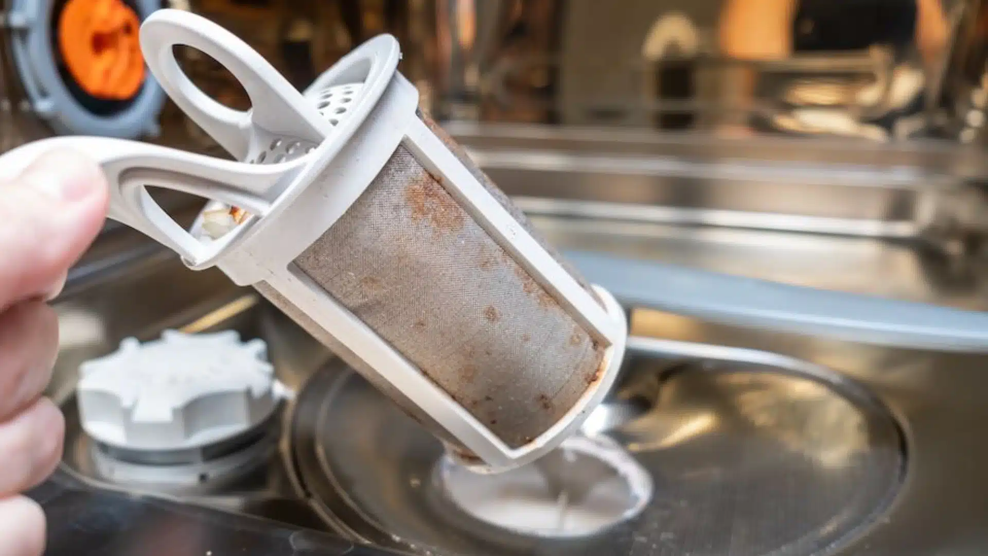  An image showing a hand holding a dirty, stained dishwasher filter above the open interior of a stainless steel dishwasher