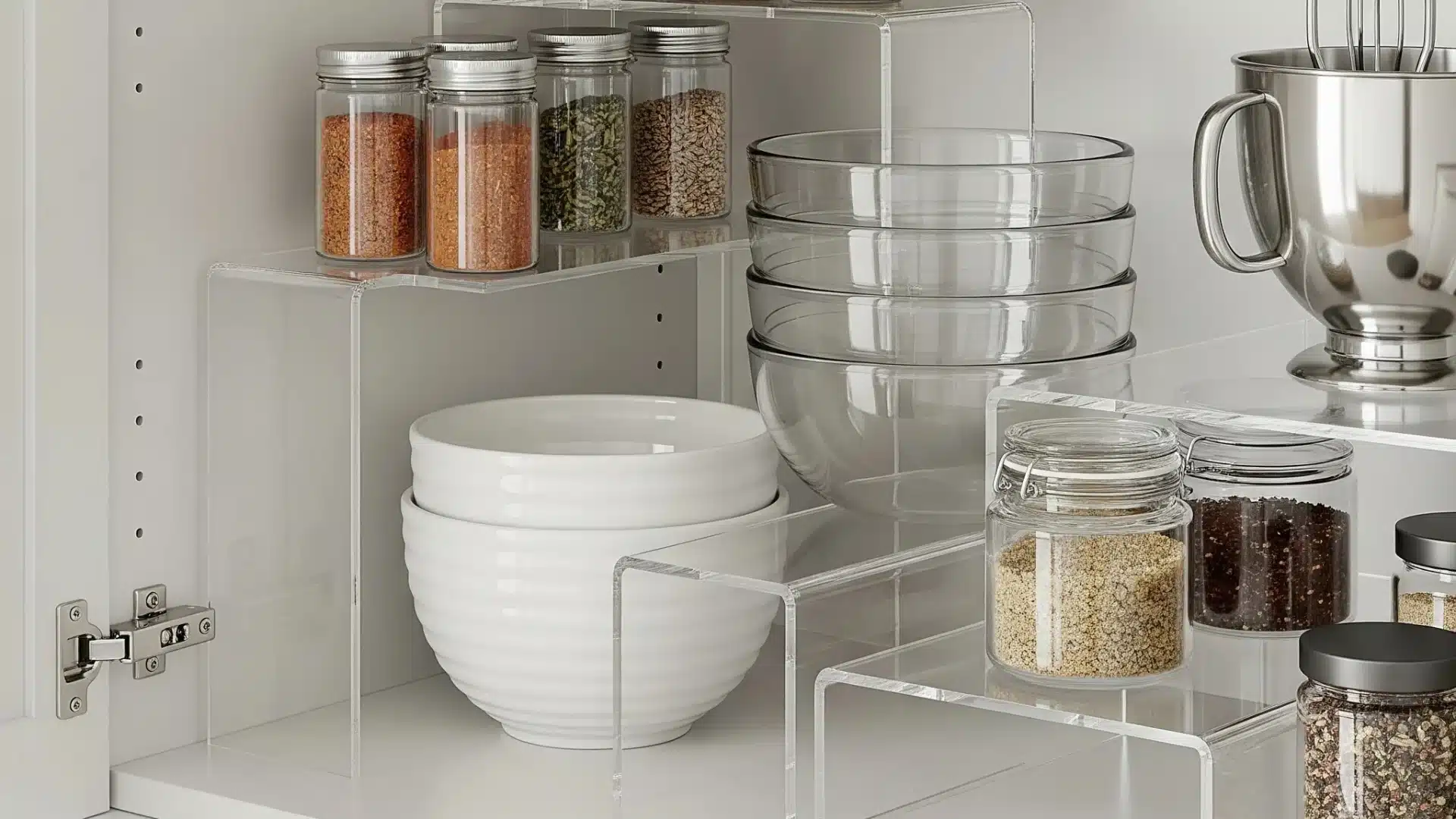 An organised kitchen cabinet with clear acrylic shelf risers with stacked white bowls, grouped spice jars, and clear mixing bowls