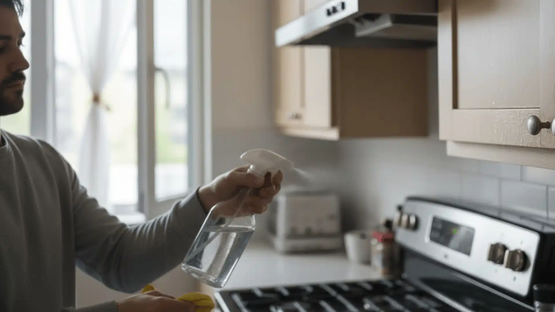 Applying kitchen degreaser safely to cloth before cleaning the cabinet surface