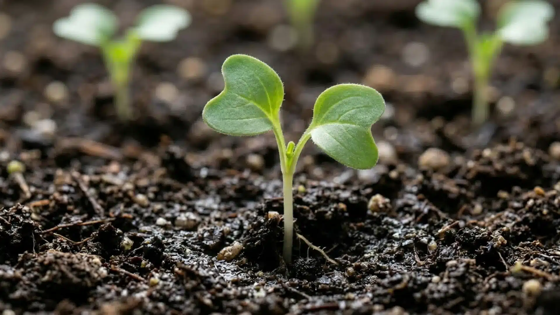 Close-up of a single broccoli green seedling emerging from dark, rich soil