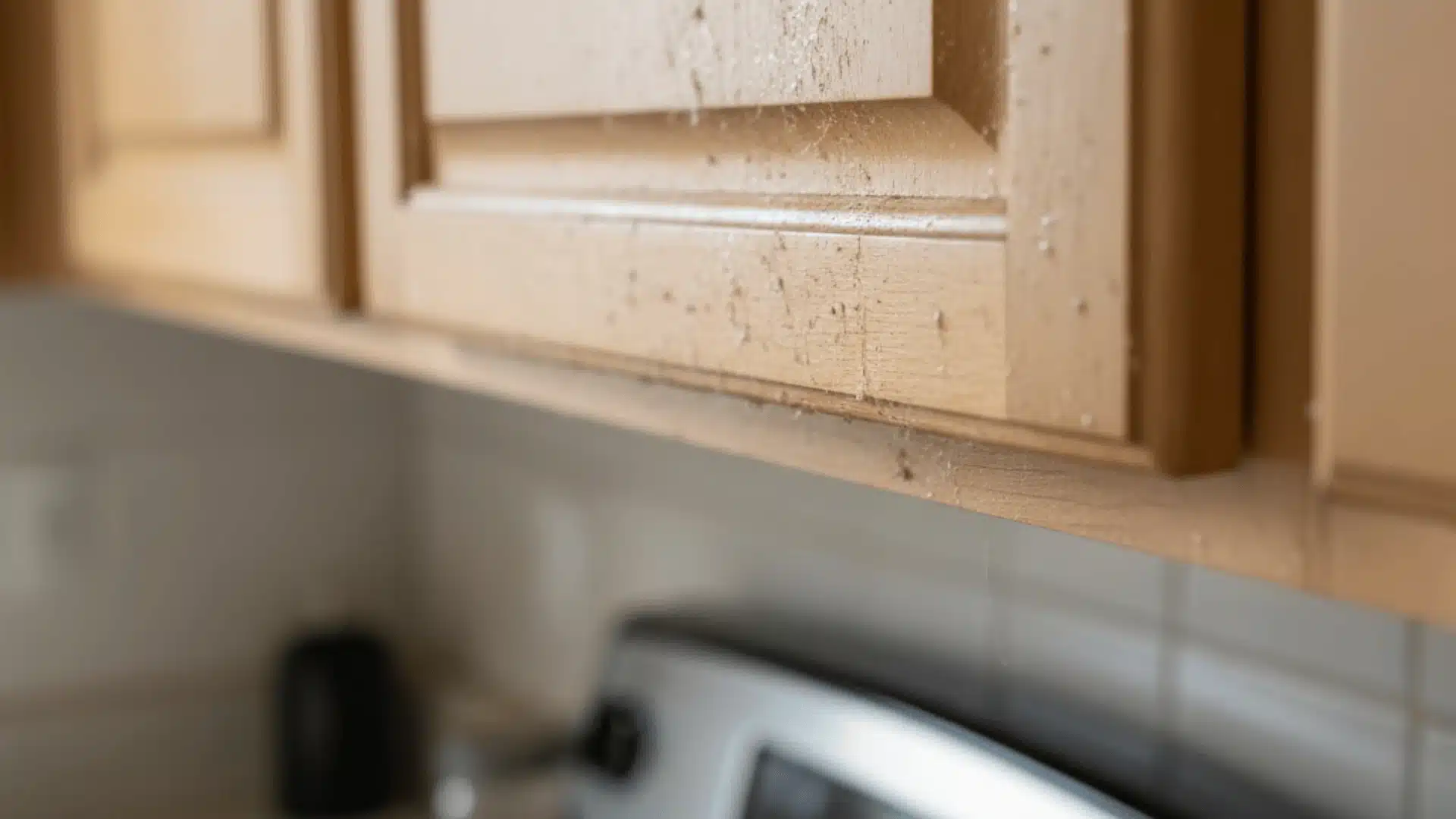 Close-up of grease and dust buildup on cabinet above stove in home kitchen
