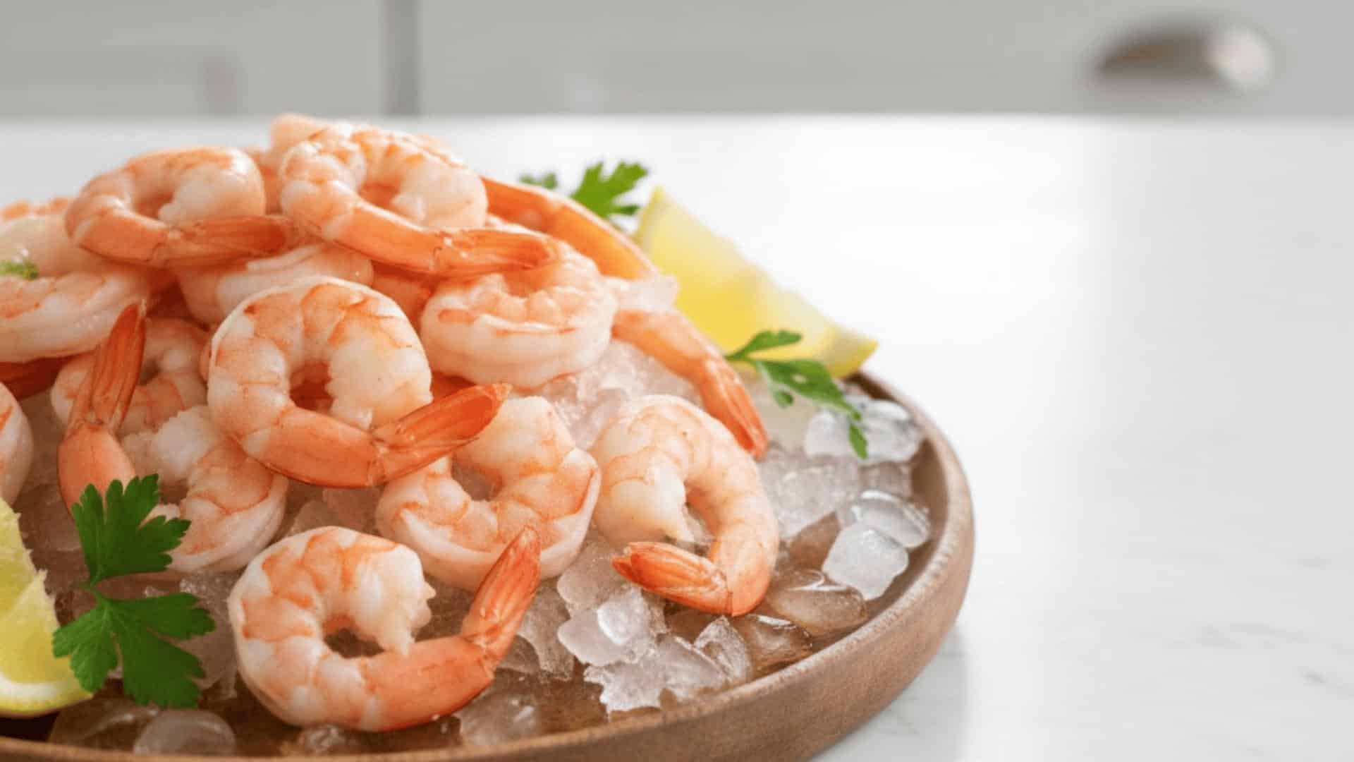 Cooked shrimp on plate with text showing 20 grams of protein per 3 ounce serving
