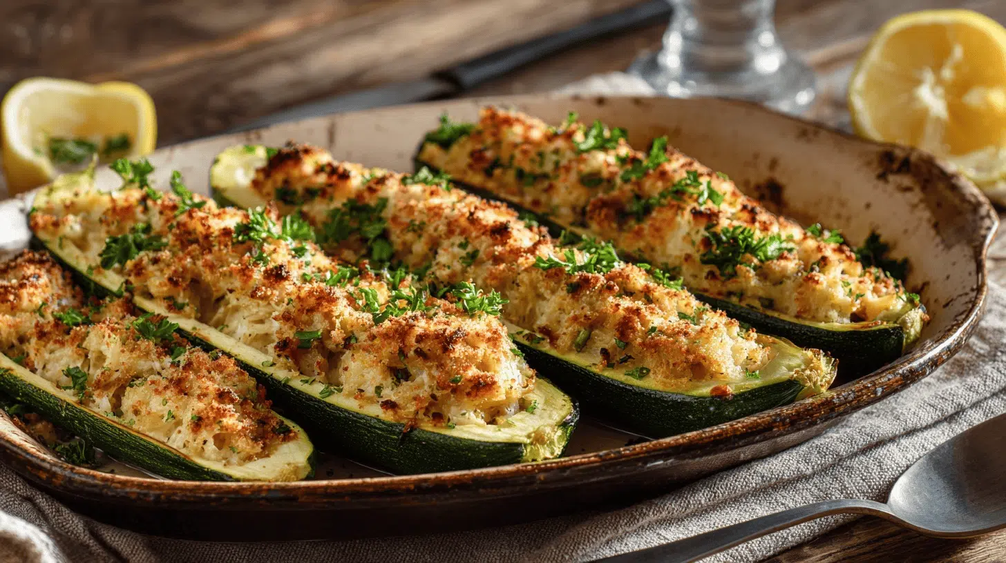 Crab-stuffed zucchini boats topped with garlic and parsley, arranged on a white plate, ready to be served