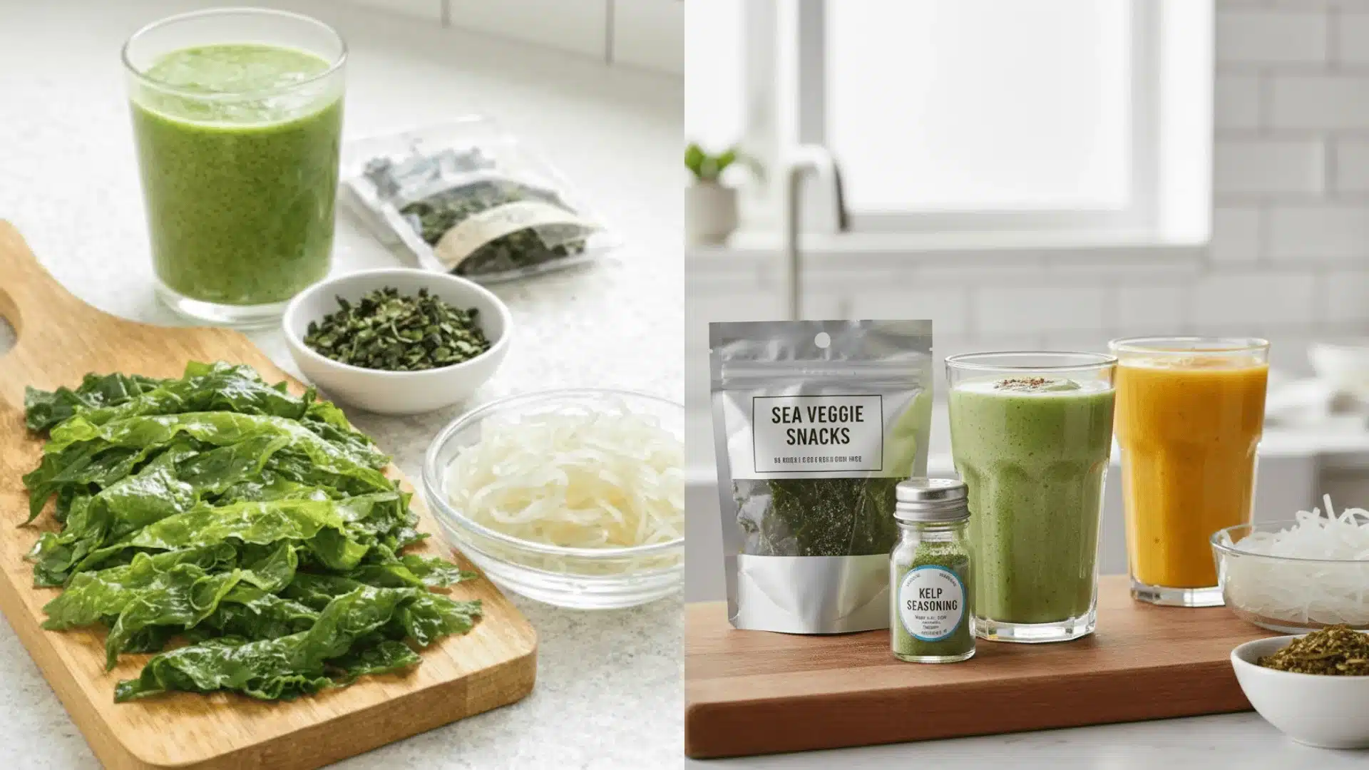 Different everyday ways to use kelp including smoothies, noodles, snacks, and seasoning