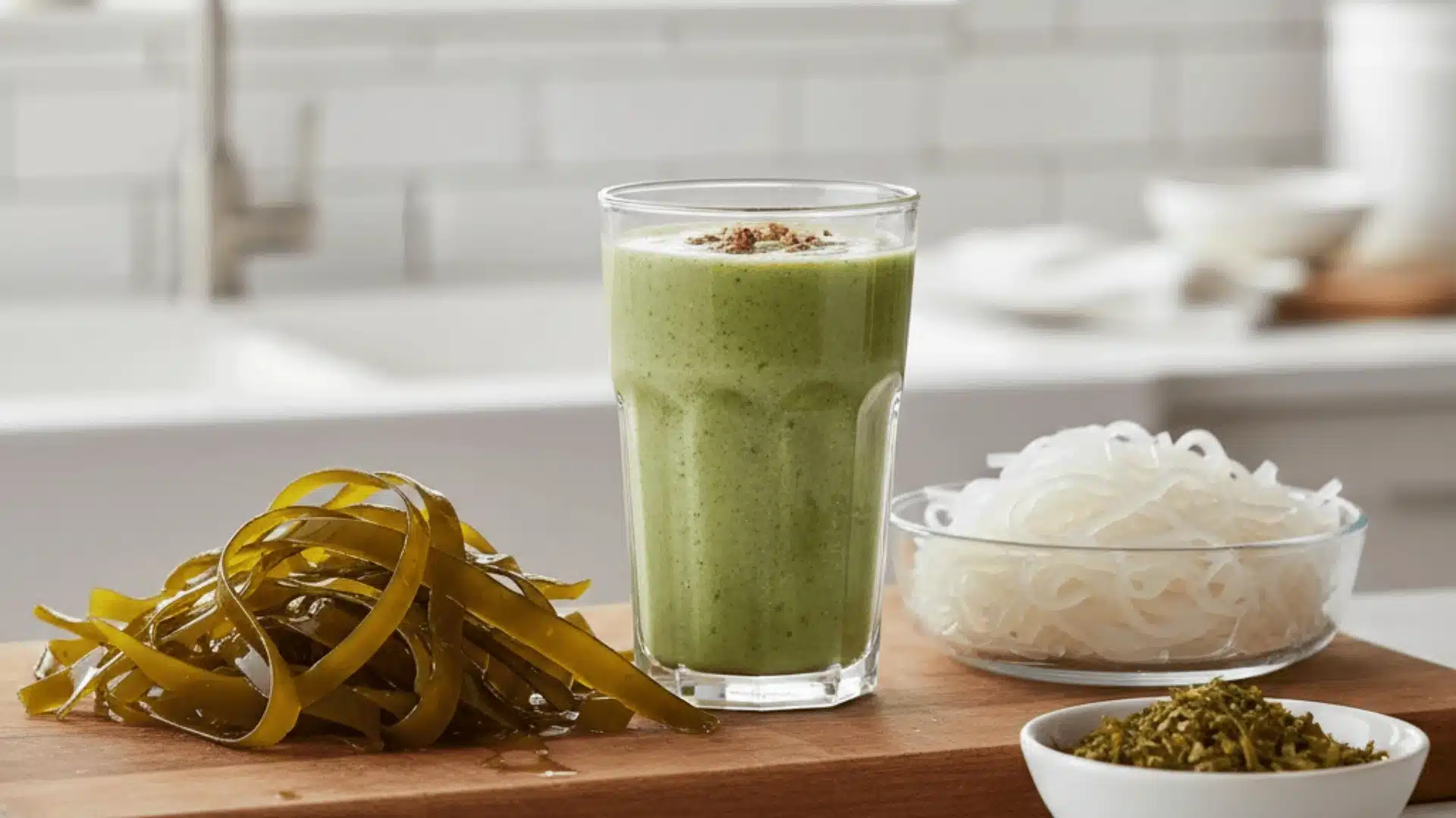 Fresh kelp seaweed with kelp noodles, flakes, and smoothie showing different ways to use kelp for health benefits.