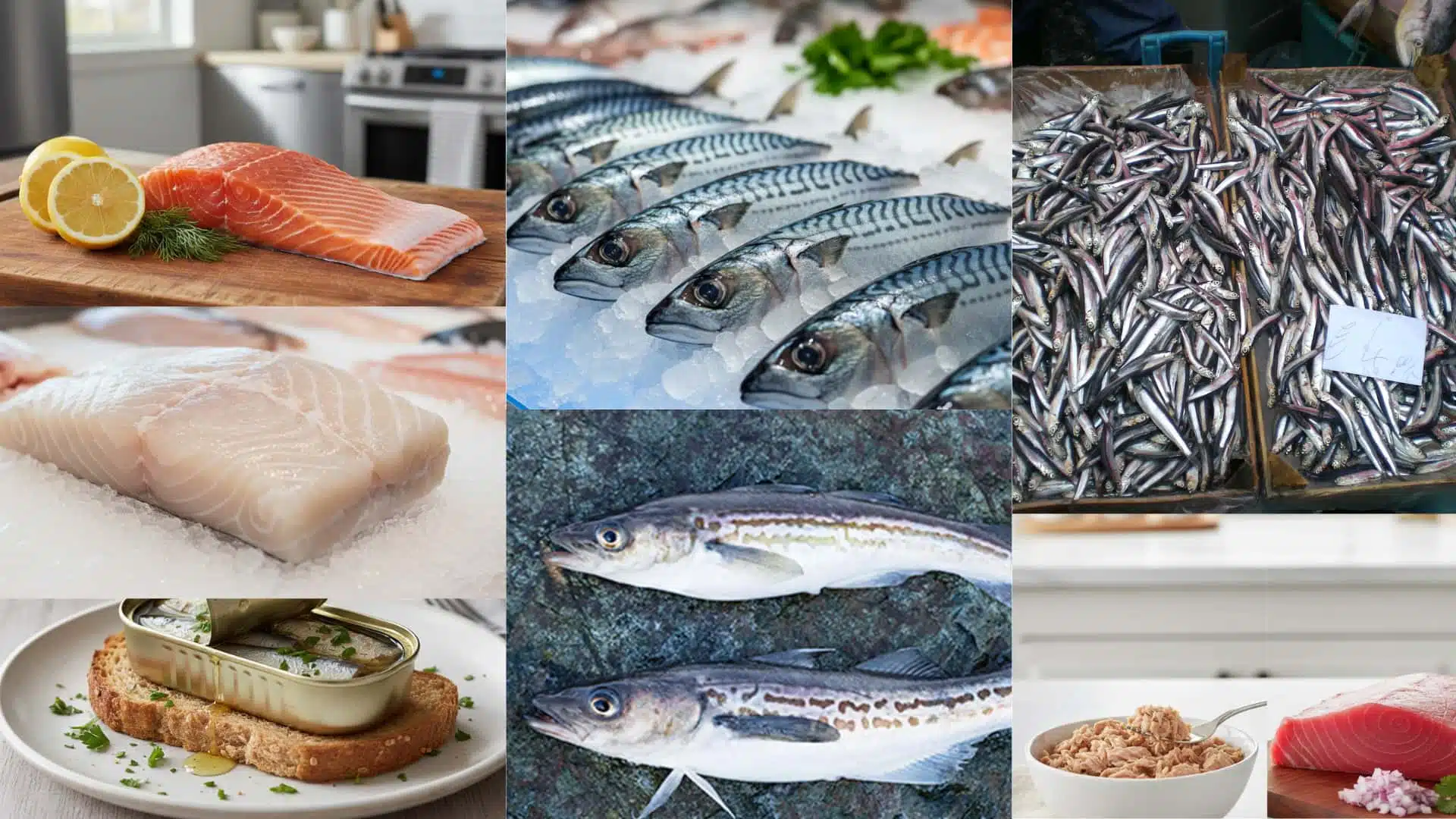 Fresh salmon, mackerel, sardines, tuna, cod, trout, and other healthy fish displayed on ice.