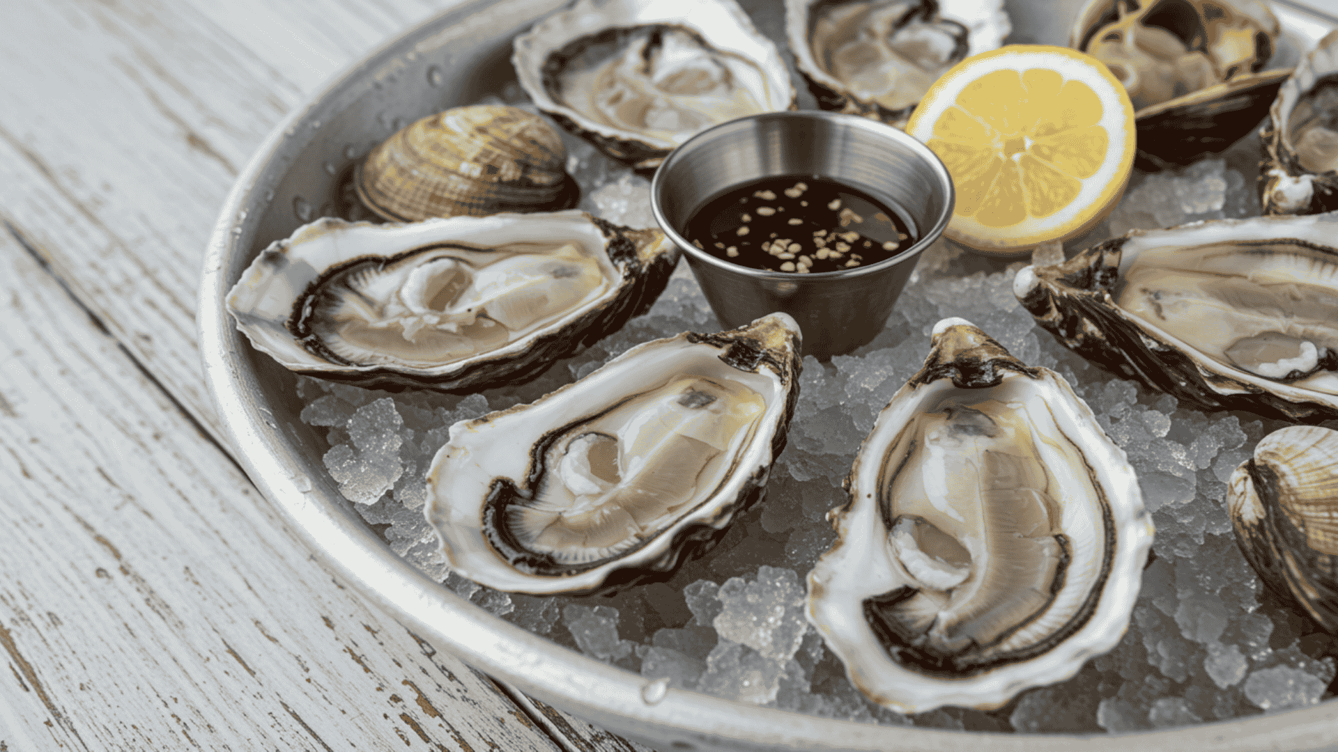 Freshly shucked oysters with many nutritional benefits served on crushed ice on a metal platter with a side of mignonette sauce and a lemon slice.