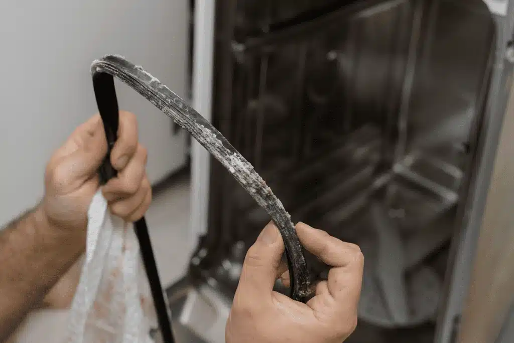 Hands holding a white cloth, cleaning a heavily dirty rubber seal from the dishwasher against the stainless steel dishwasher interior