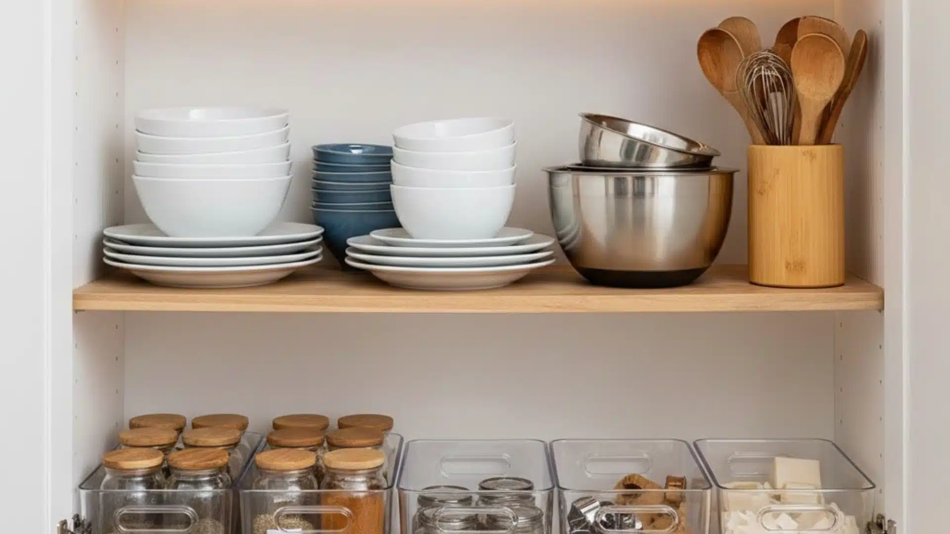 Organized kitchen cabinet with white and blue dishes, metal mixing bowls, wooden utensils in a holder on the top shelf, and clear bins