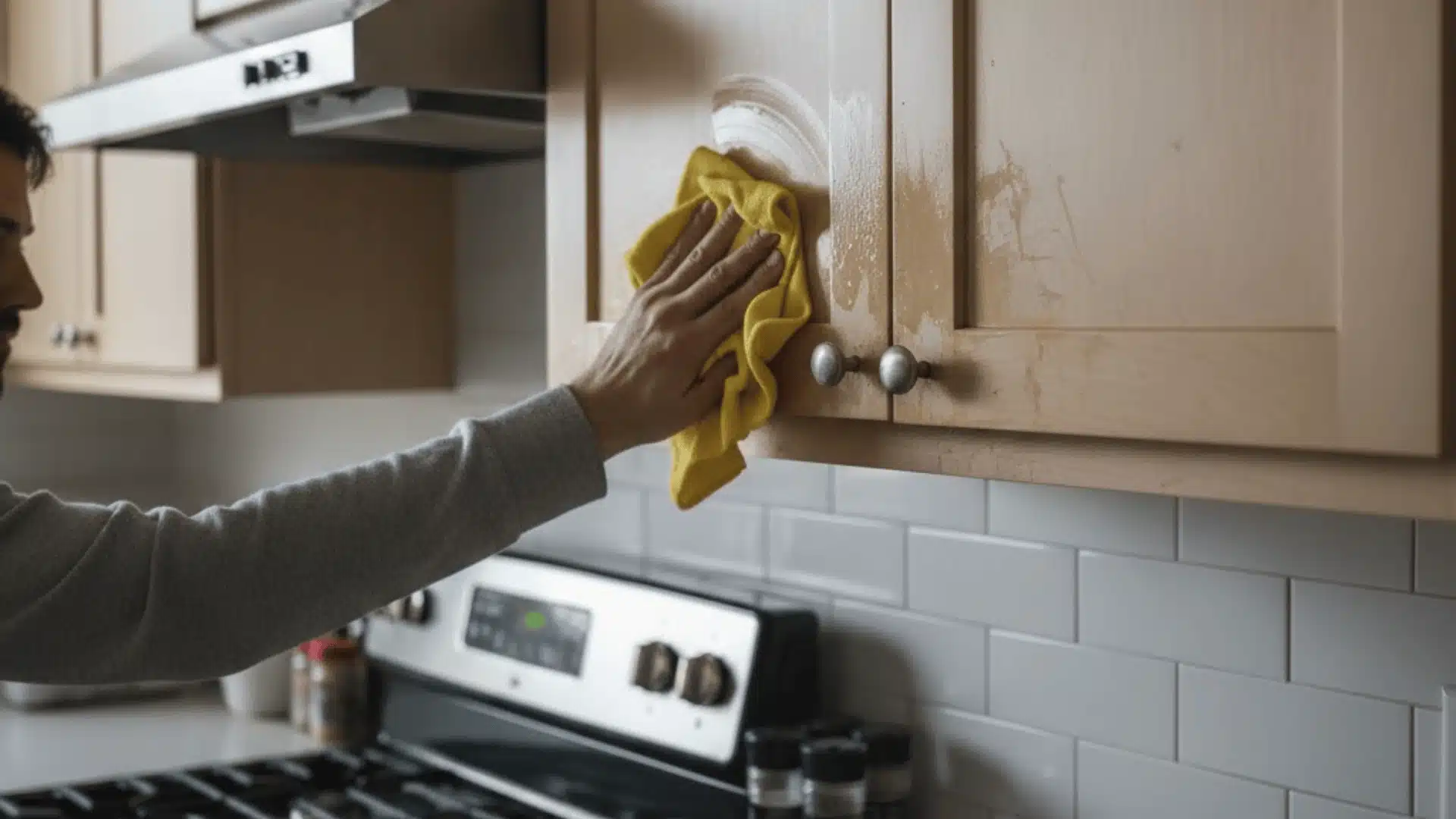 Person cleaning grease from cabinets above stove with microfiber cloth in natural kitchen setting