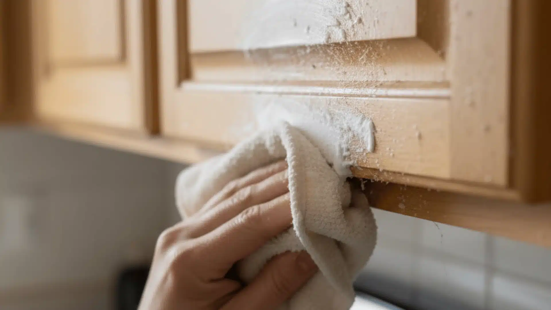 Using baking soda paste to remove stubborn grease from kitchen cabinets