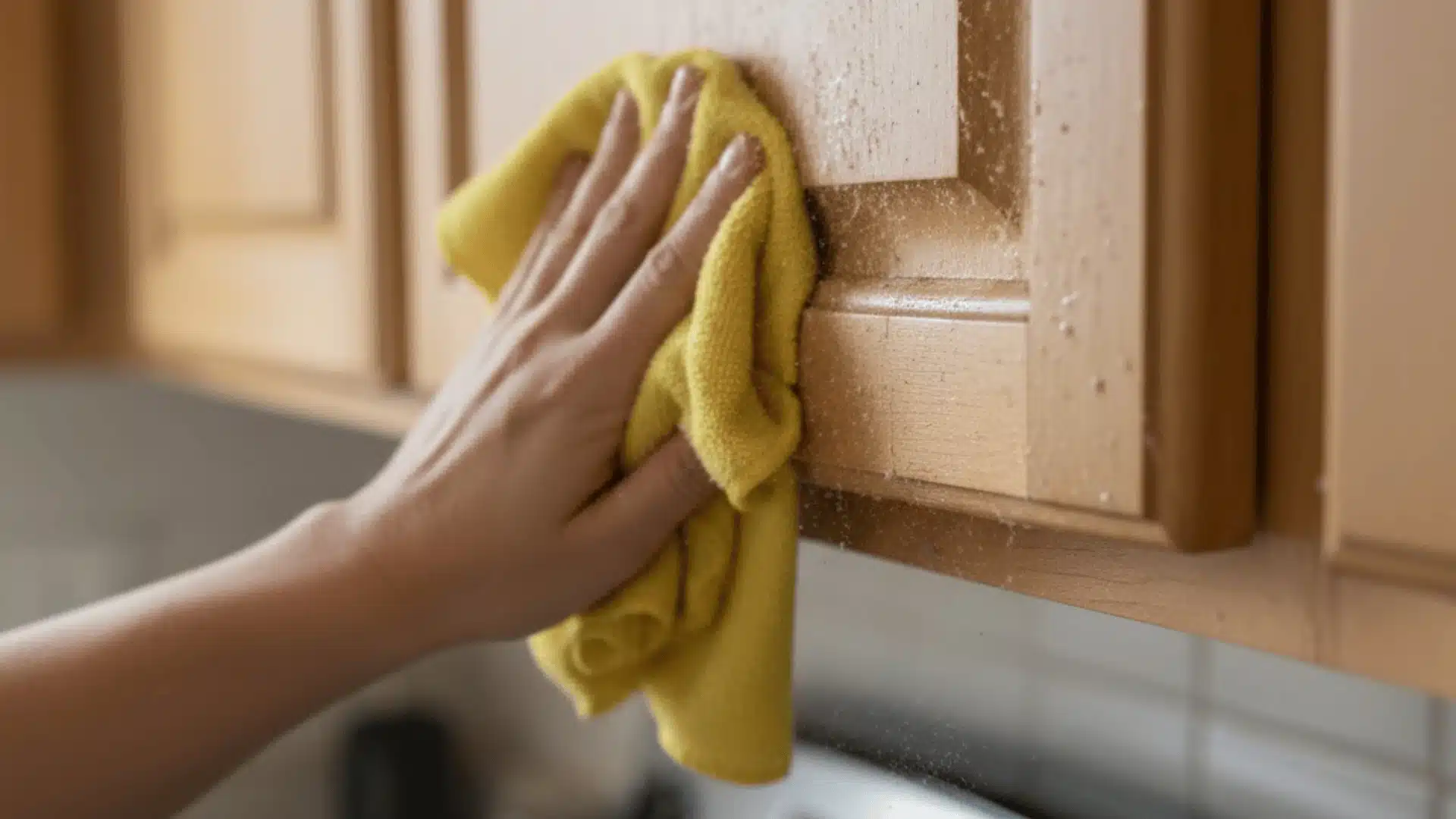 Wiping kitchen cabinet above stove with dry microfiber cloth before cleaning