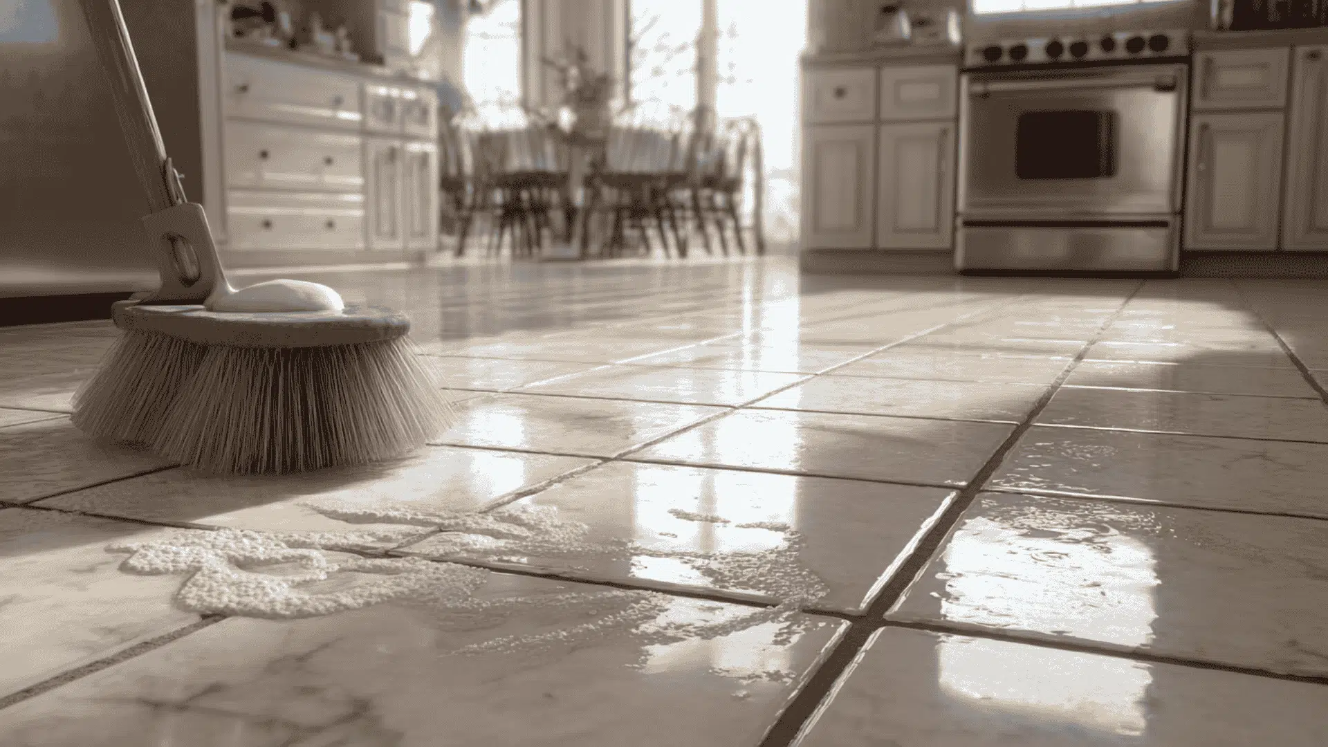 a brush scrubbing soapy white tiles on a sunny kitchen floor to remove all dirt