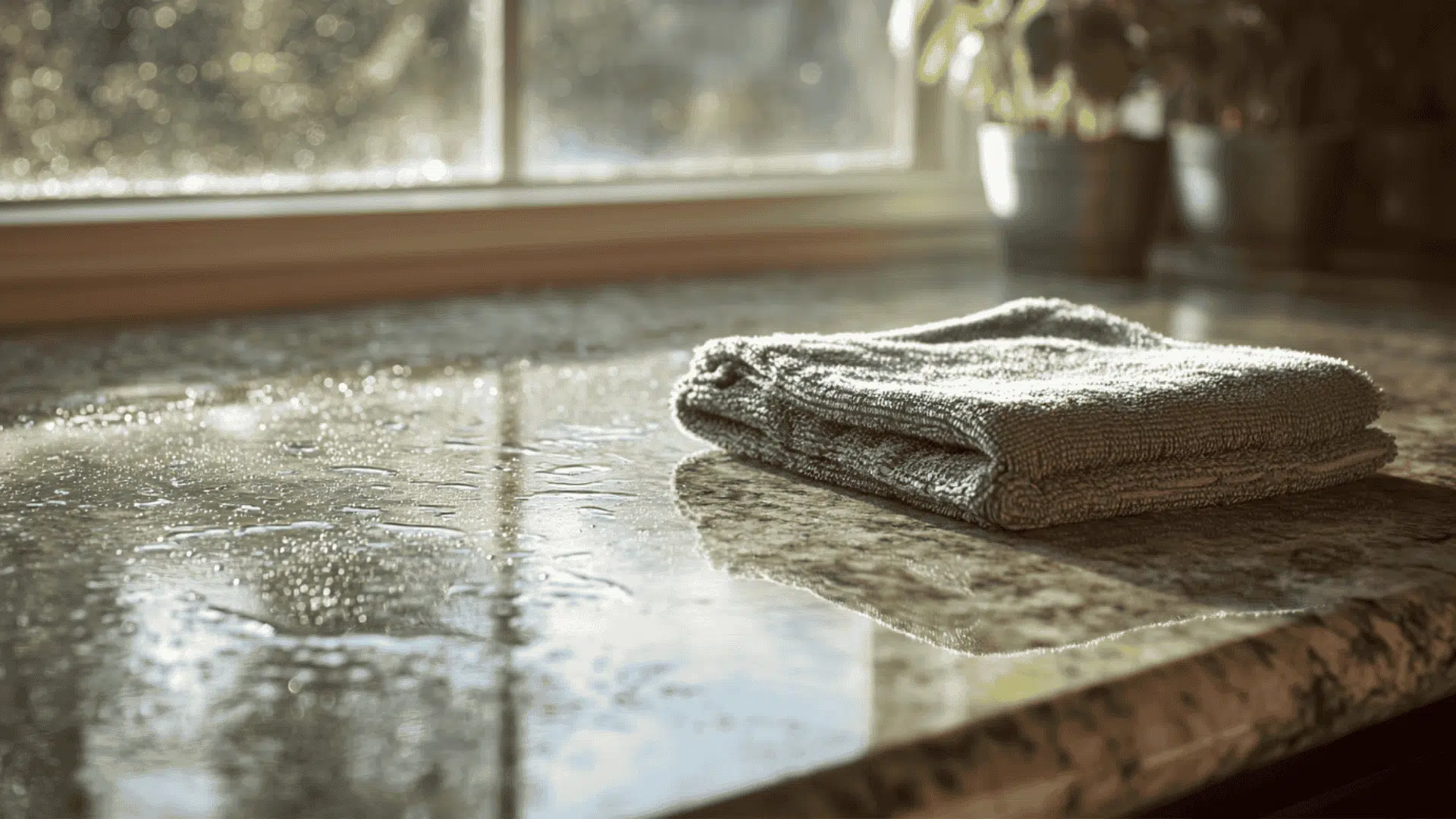 a folded gray cloth sits on a wet granite countertop by a bright kitchen window