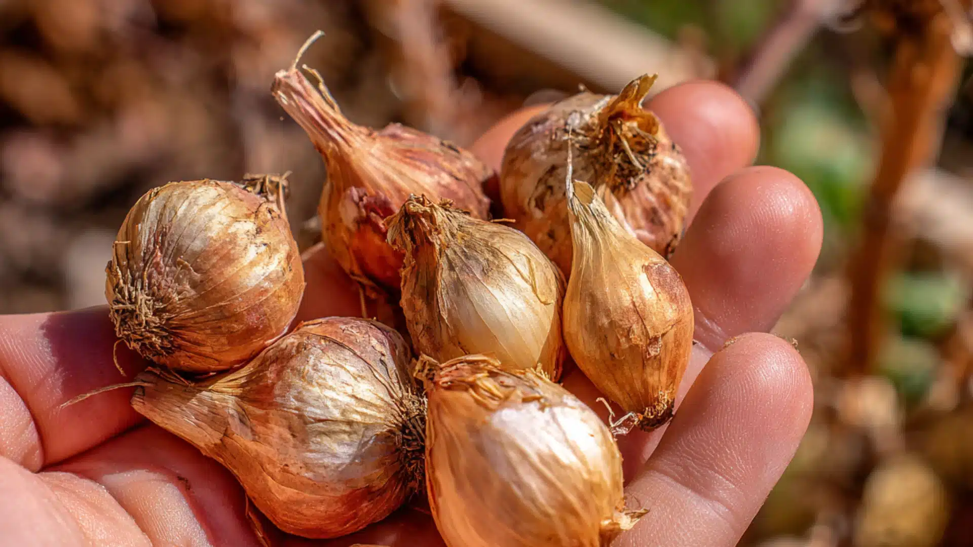 a hand holding small brown plant bulbs in the sunlight with soil in the background (1)