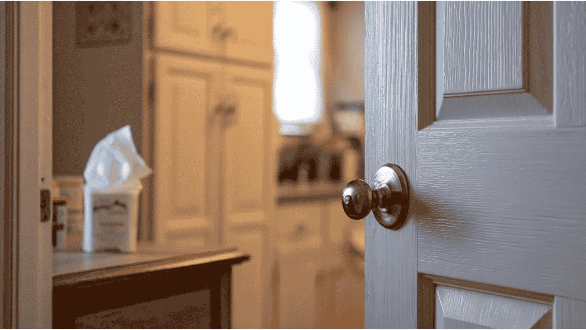 an open white door with a round metal knob leading into a bright bathroom space