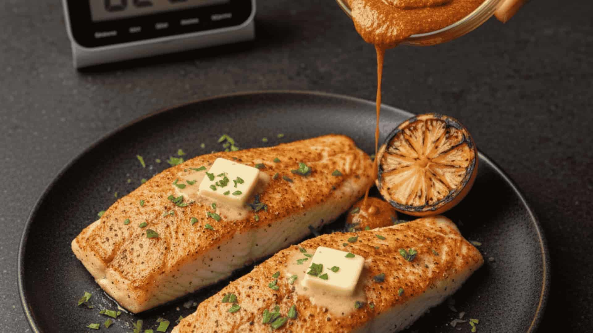broiled cod resting with butter parsley and lemon wedges before serving
