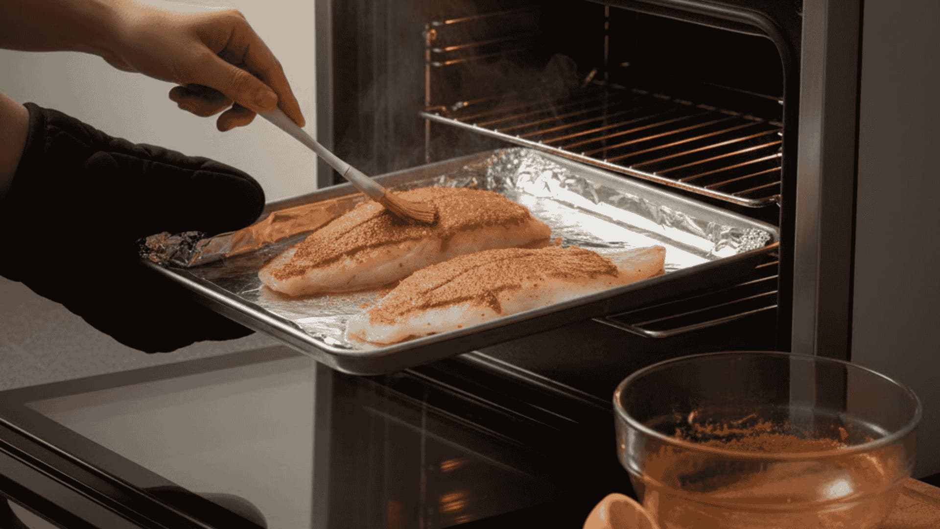 cod fillets flipped with spatula - checking internal temperature at 145 degrees