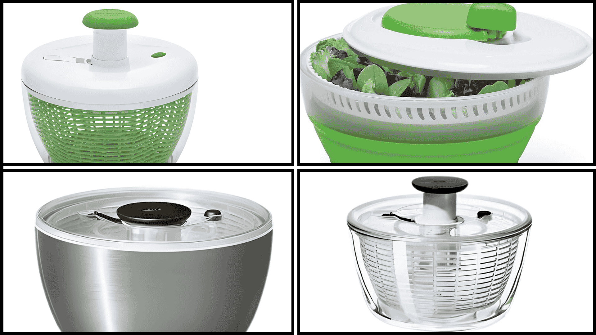 four salad spinner models in green white and stainless steel plus instructions on how to use a salad spinner for greens (2)