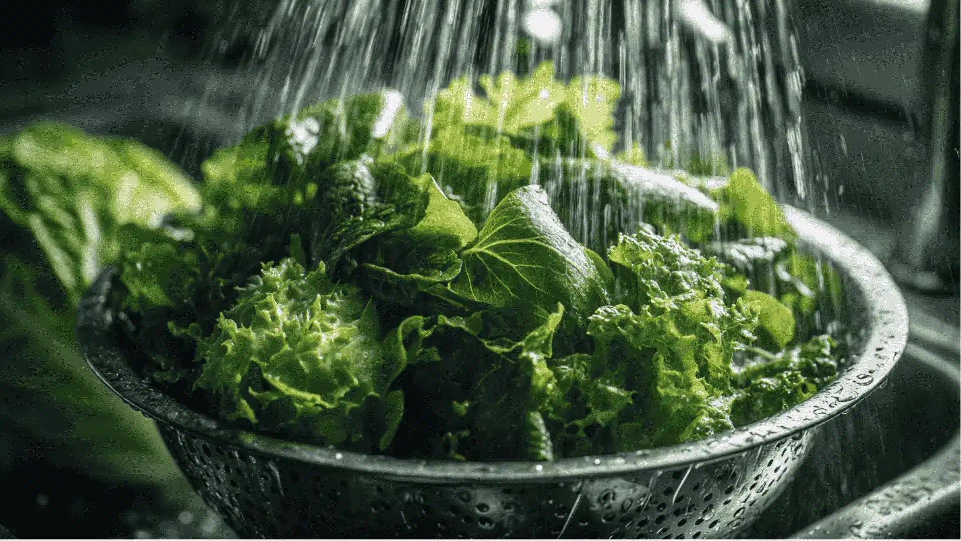 fresh greens being rinsed in metal colander under a sink faucet as part of how to use a salad spinner to dry lettuce
