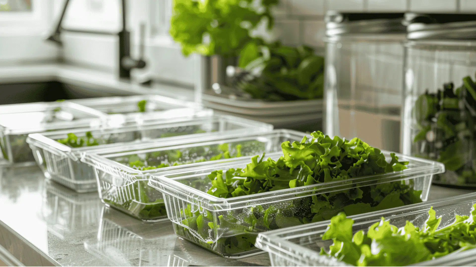 fresh greens in clear containers show how to use a salad spinner to prep healthy meals for the week in a bright kitchen