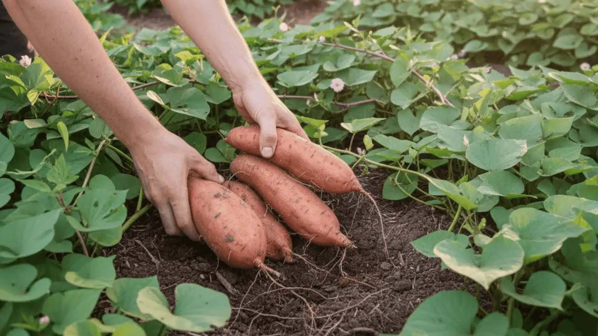freshly harvested sweet potatoes being lifted from loose garden soil with green vines in sunlight