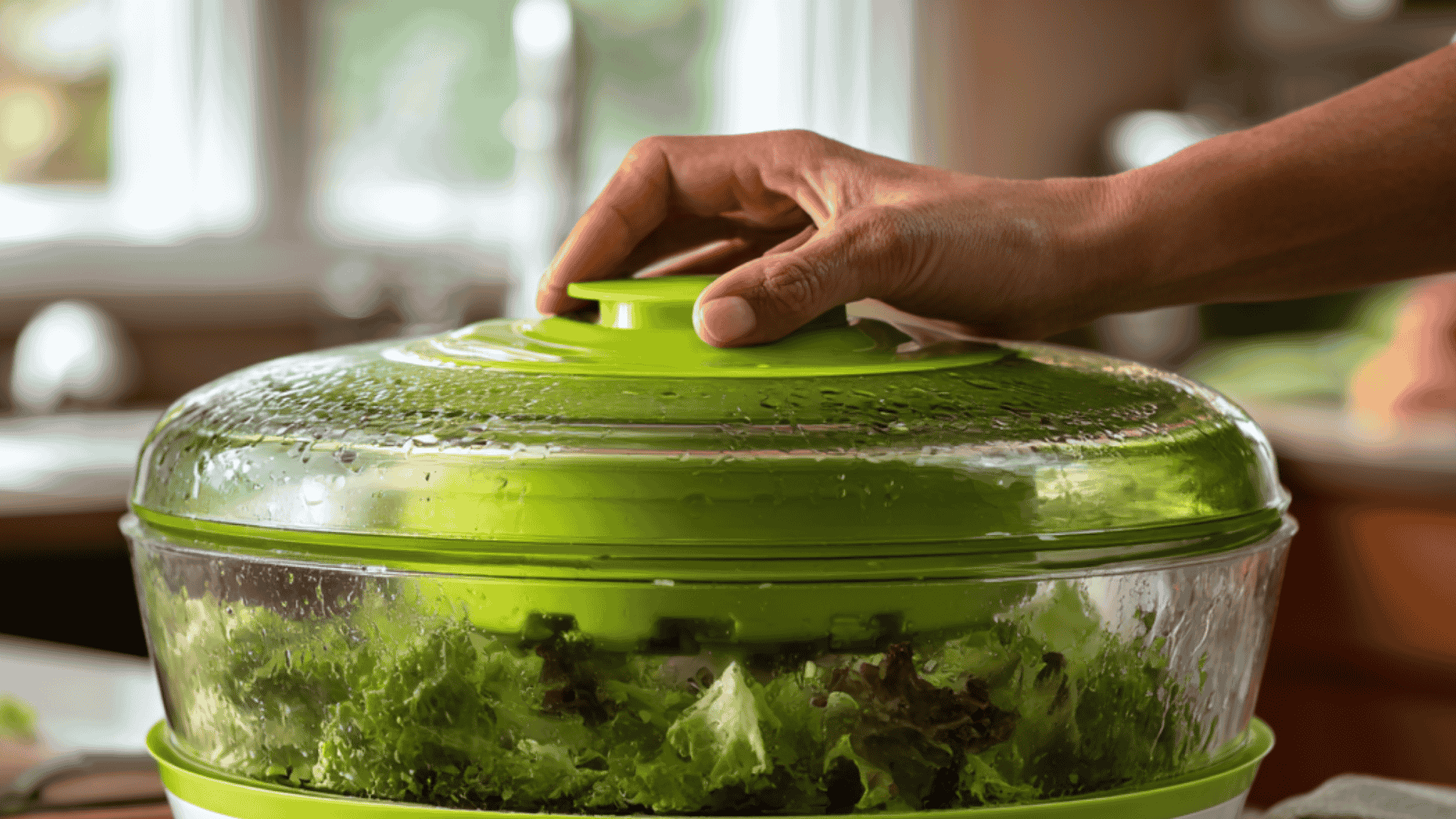hands pressing a clear lid to show how to use a salad spinner after washing green lettuce leaves in a green colander