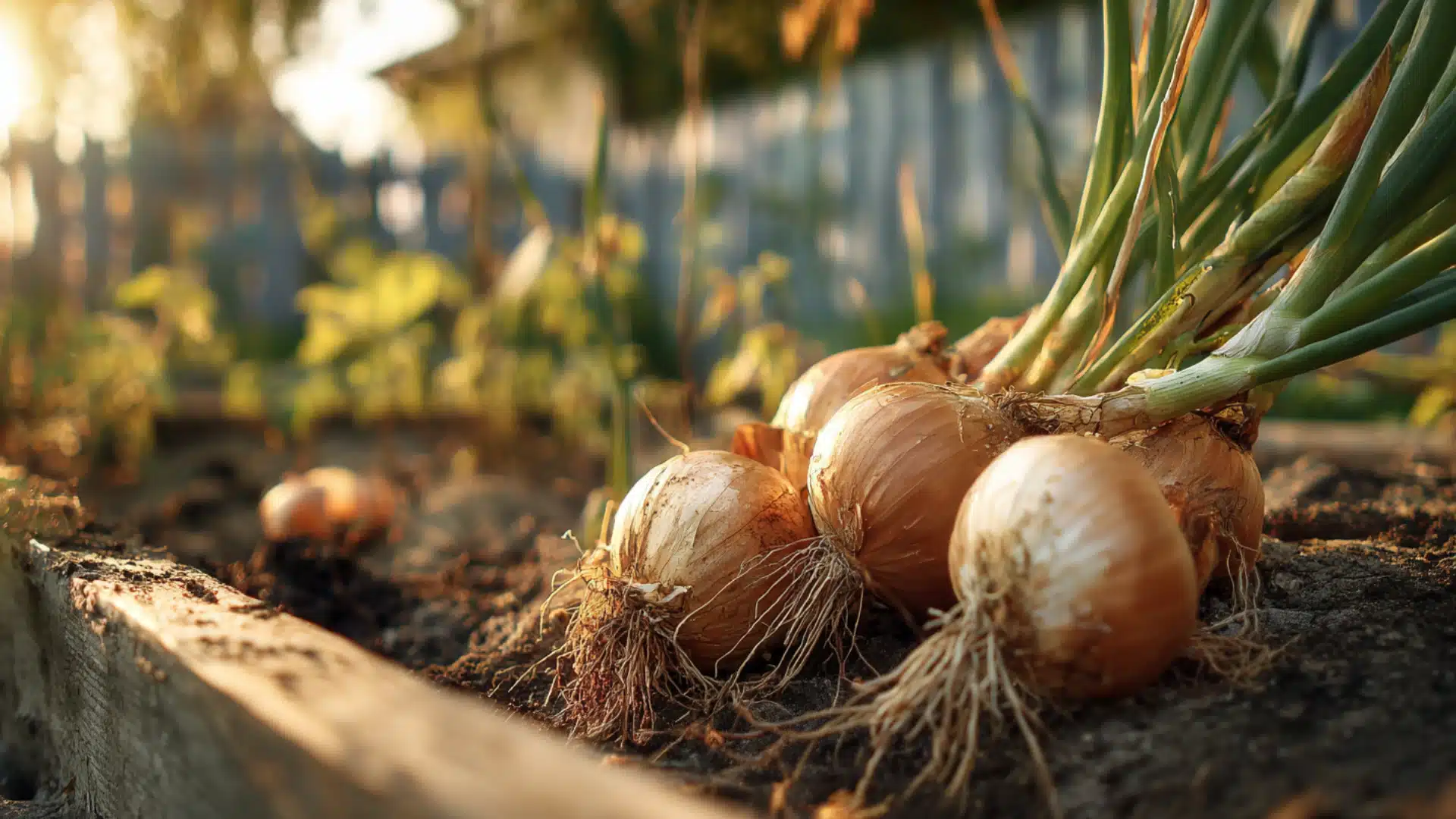 harvested onions rest in a wood garden bed for knowing how to grow onions from bulb