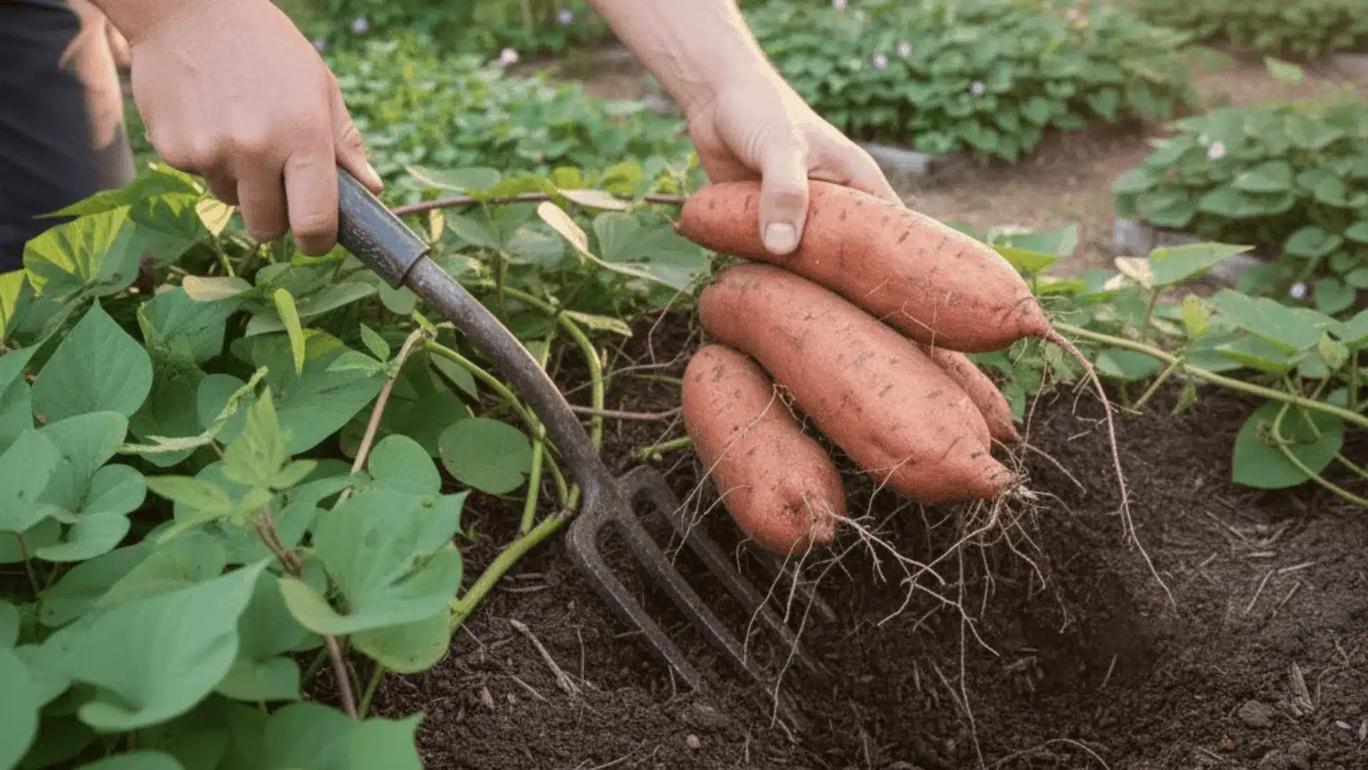 harvesting mature sweet potatoes carefully from garden soil