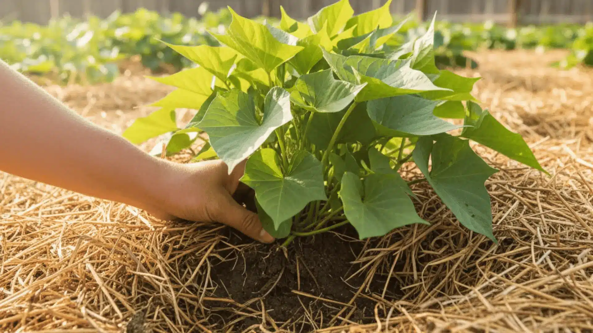 managing sweet potato vines with straw mulch to prevent extra rooting