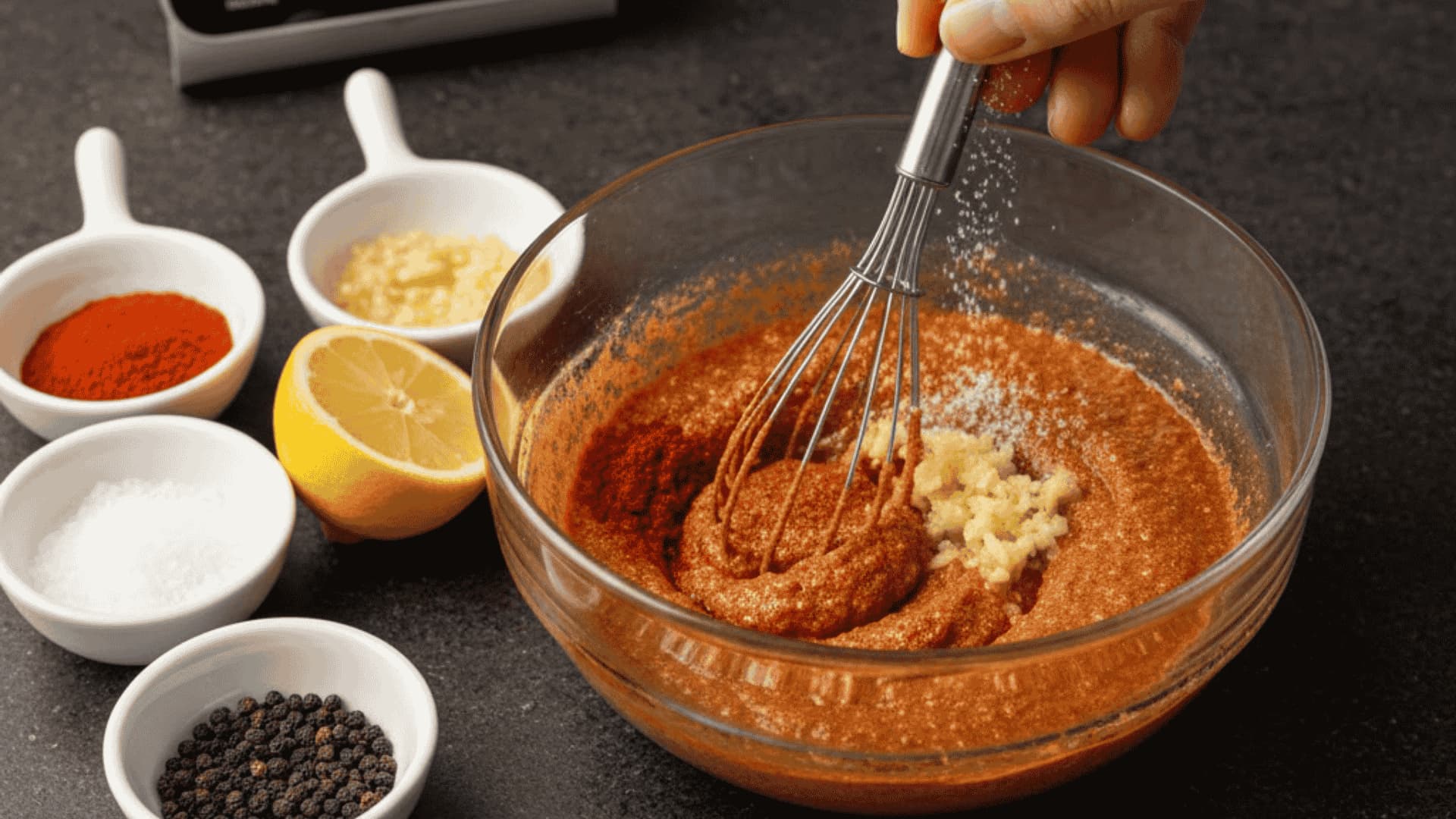 olive oil lemon juice garlic and spices mixed into seasoning paste for cod