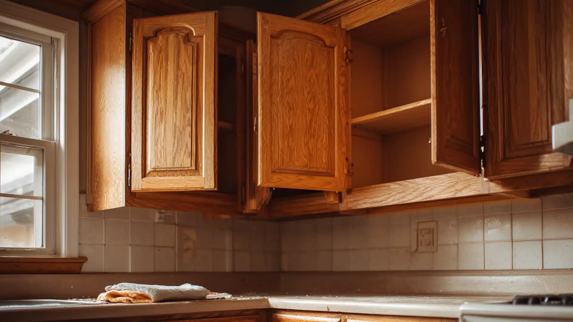 open wooden cabinets above a kitchen counter with a gray cloth and a white stove