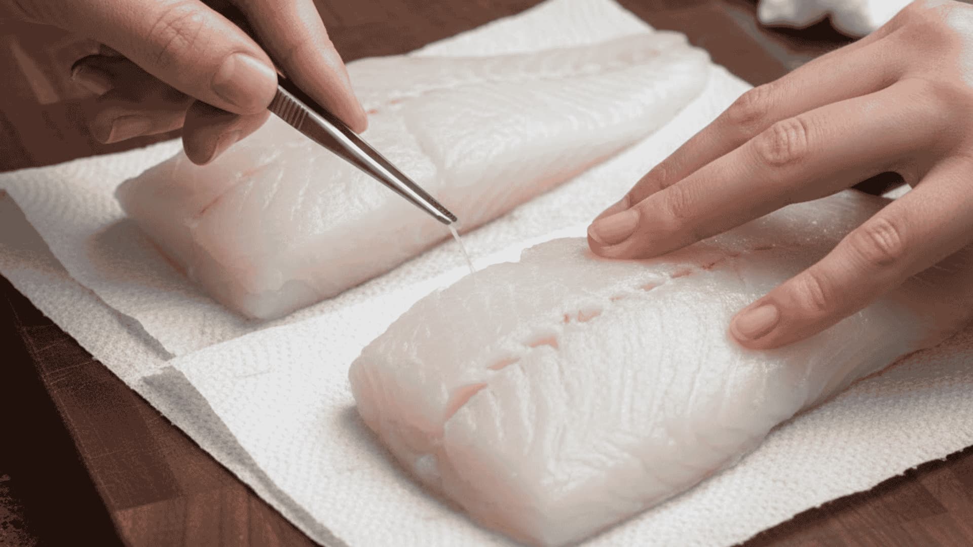 raw cod fillets patted dry with paper towels - checking for bones before broiling