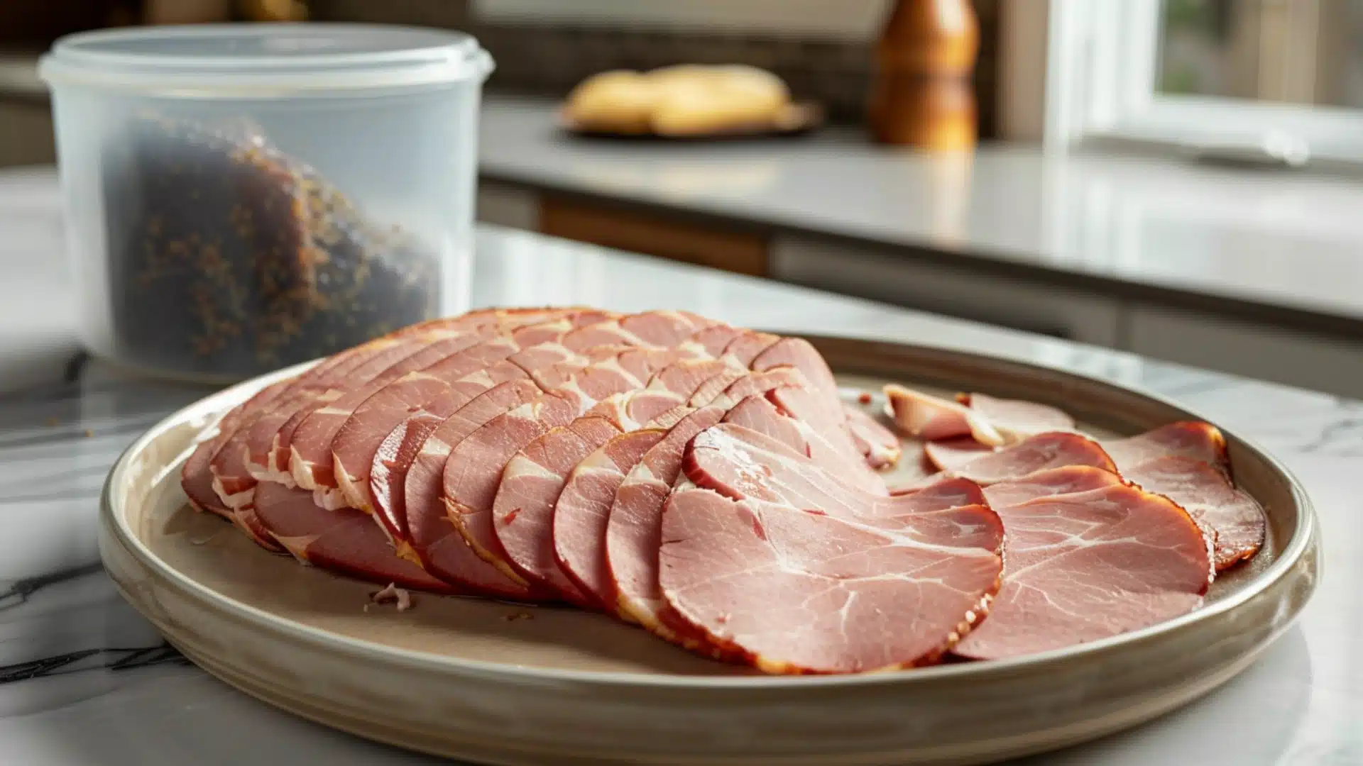 sliced meat on a tan plate showing how long is ham good in the fridge for dinner