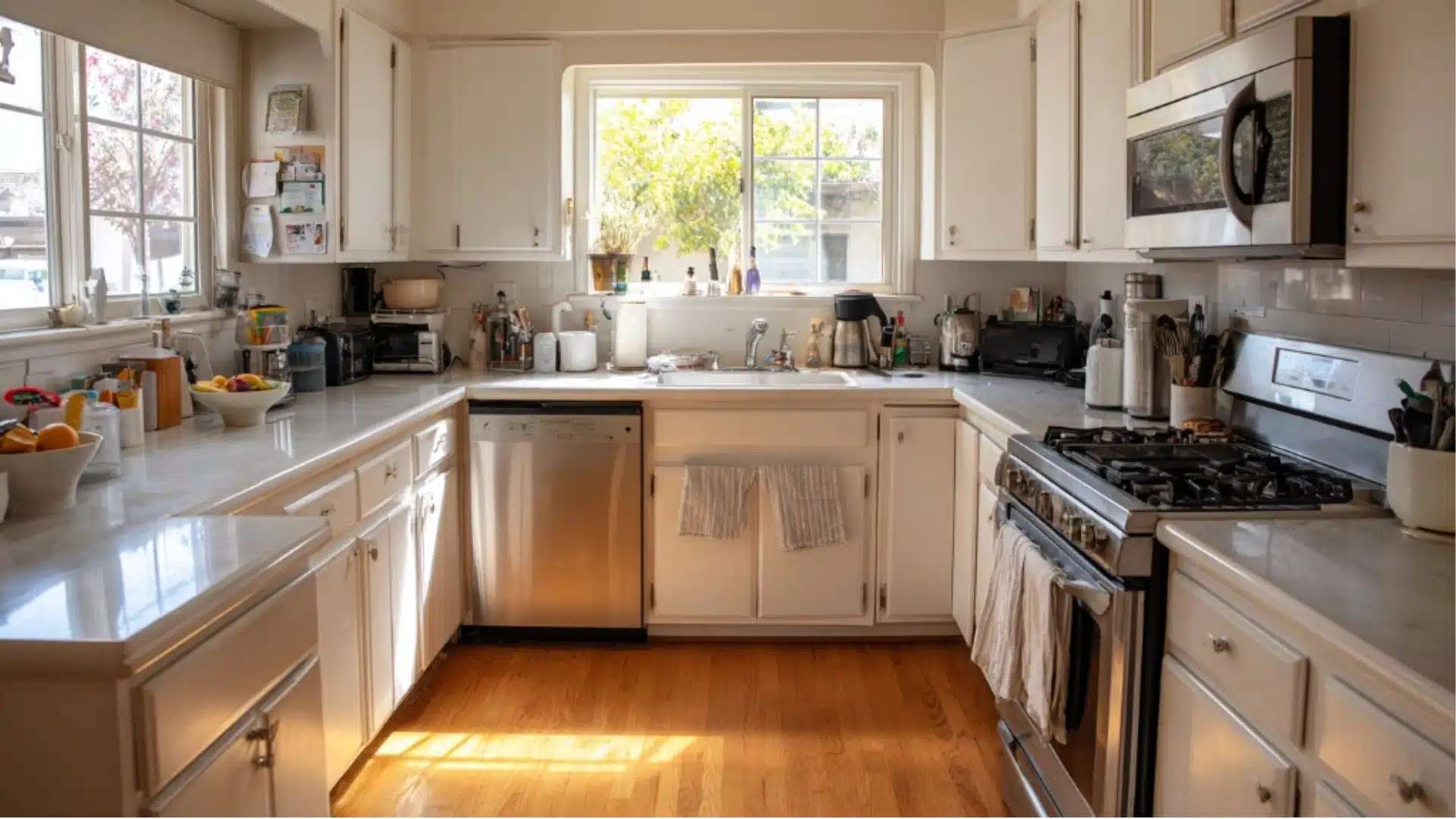 sunlight floods a clean kitchen with white cabinets and a stainless steel stove