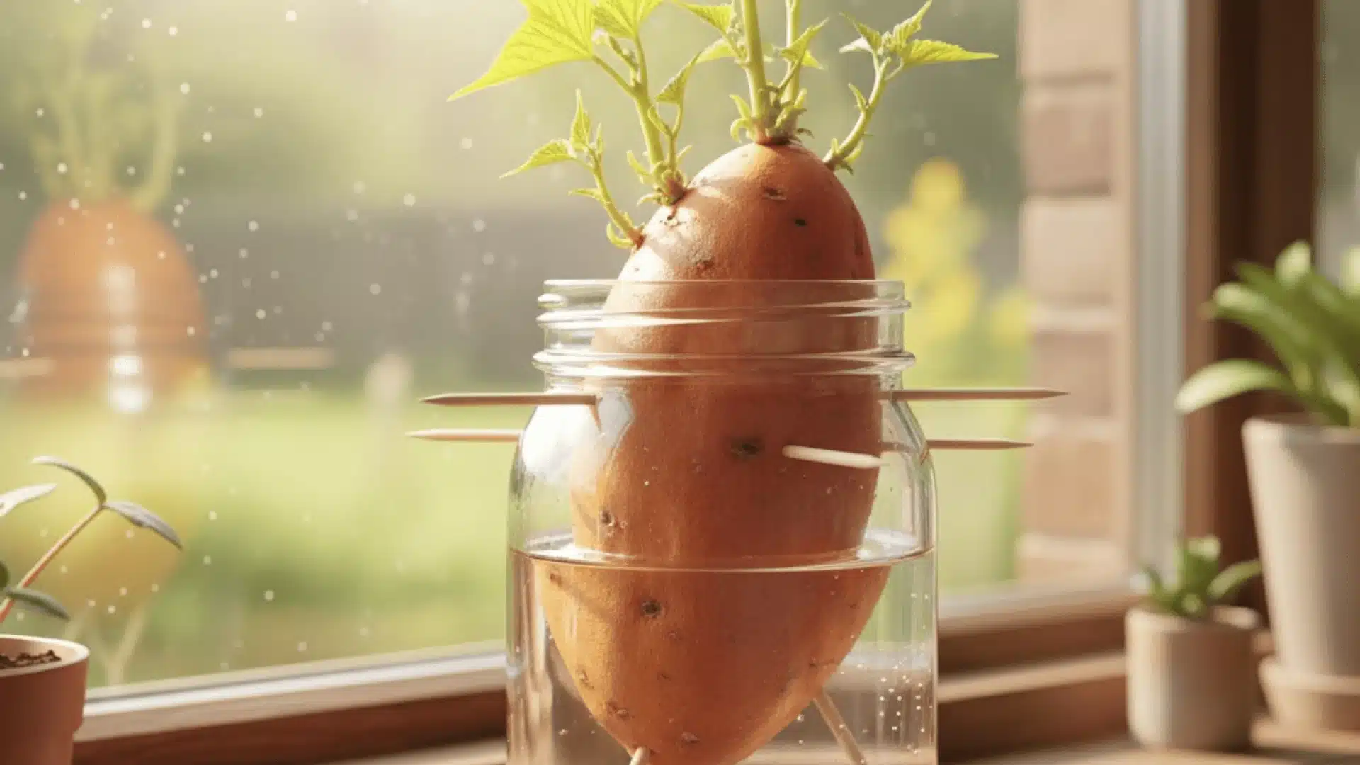 sweet potato sprouting slips in a glass of water on a sunny windowsill