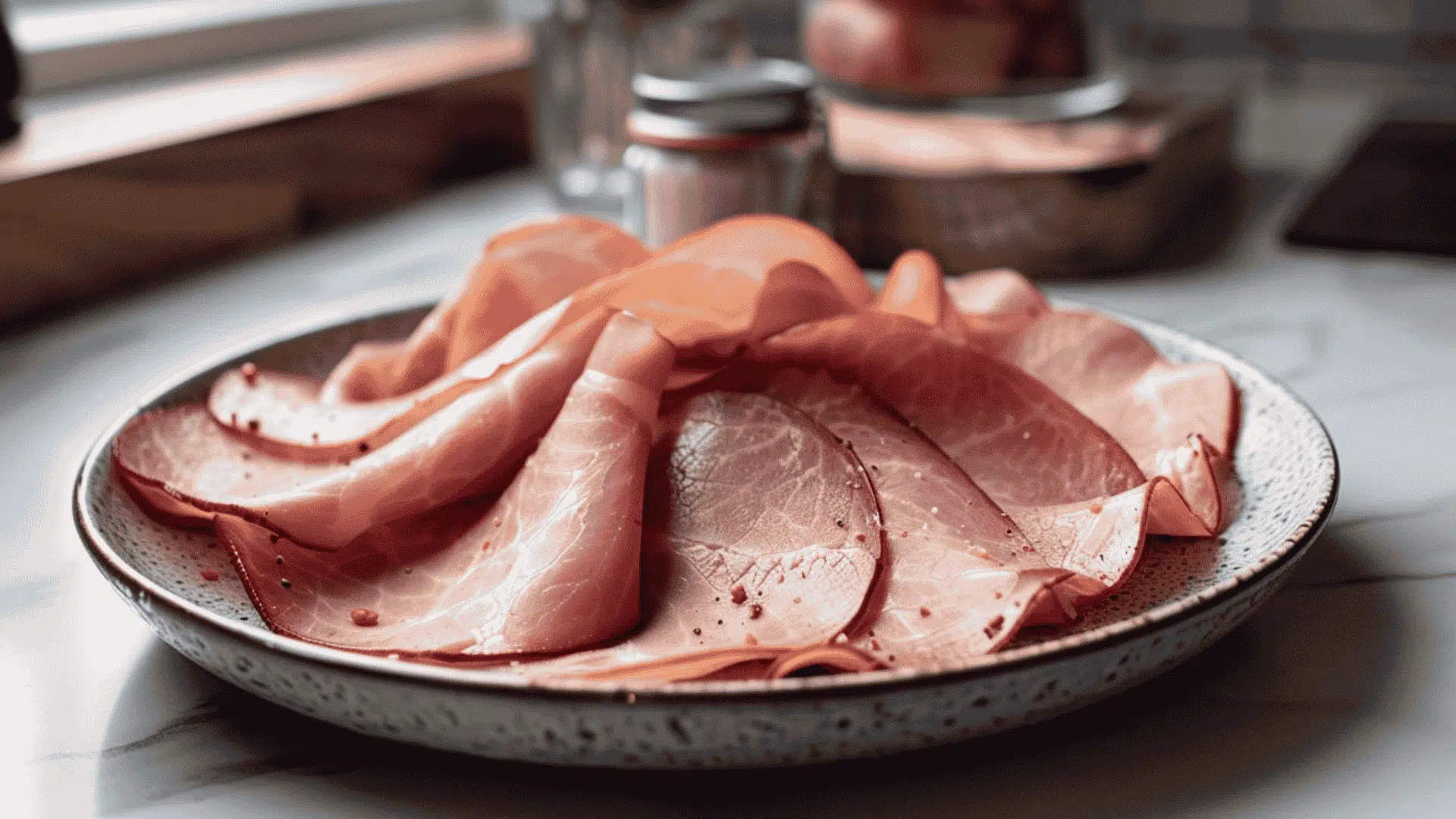 thin sliced ham on a speckled plate without any crumbs