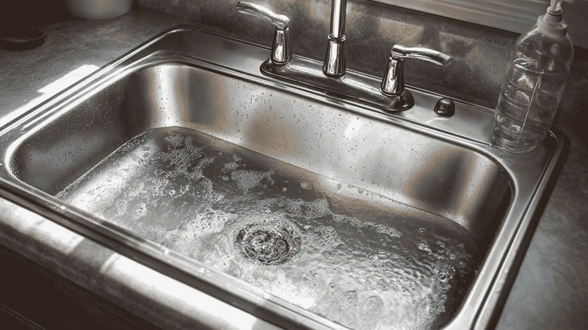 a brush scrubbing soapy white tiles on a sunny kitchen floor to remove all dirt
