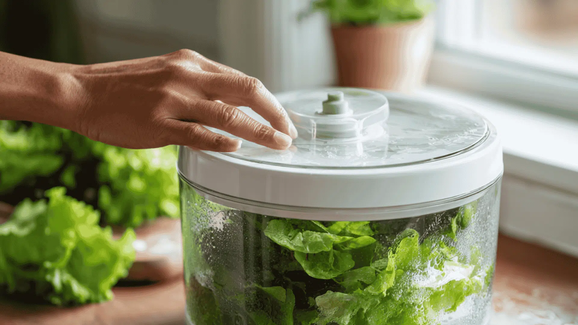 water pouring from a colander into a glass bowl shows how to use a salad spinner to wash fresh greens in a sunny kitchen