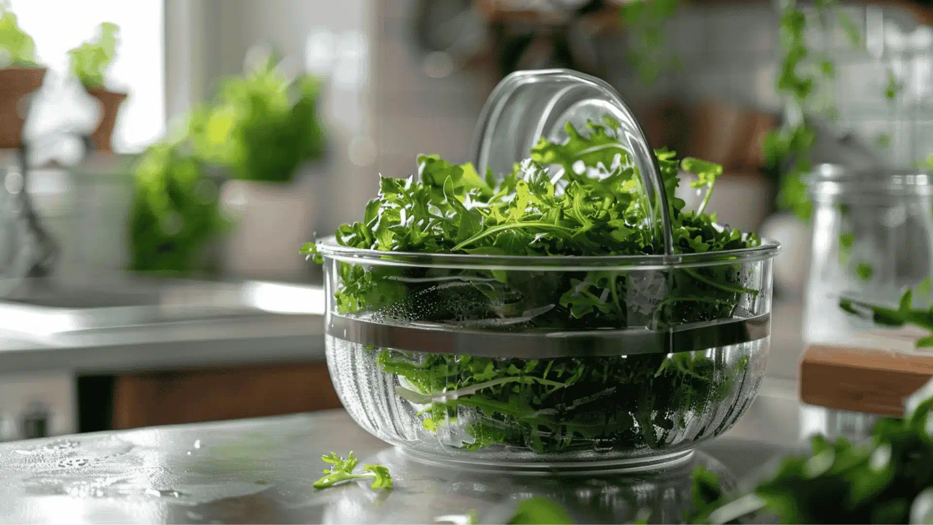 water pouring from a colander into a glass bowl shows how to use a salad spinner to wash fresh greens in a sunny kitchen (2)