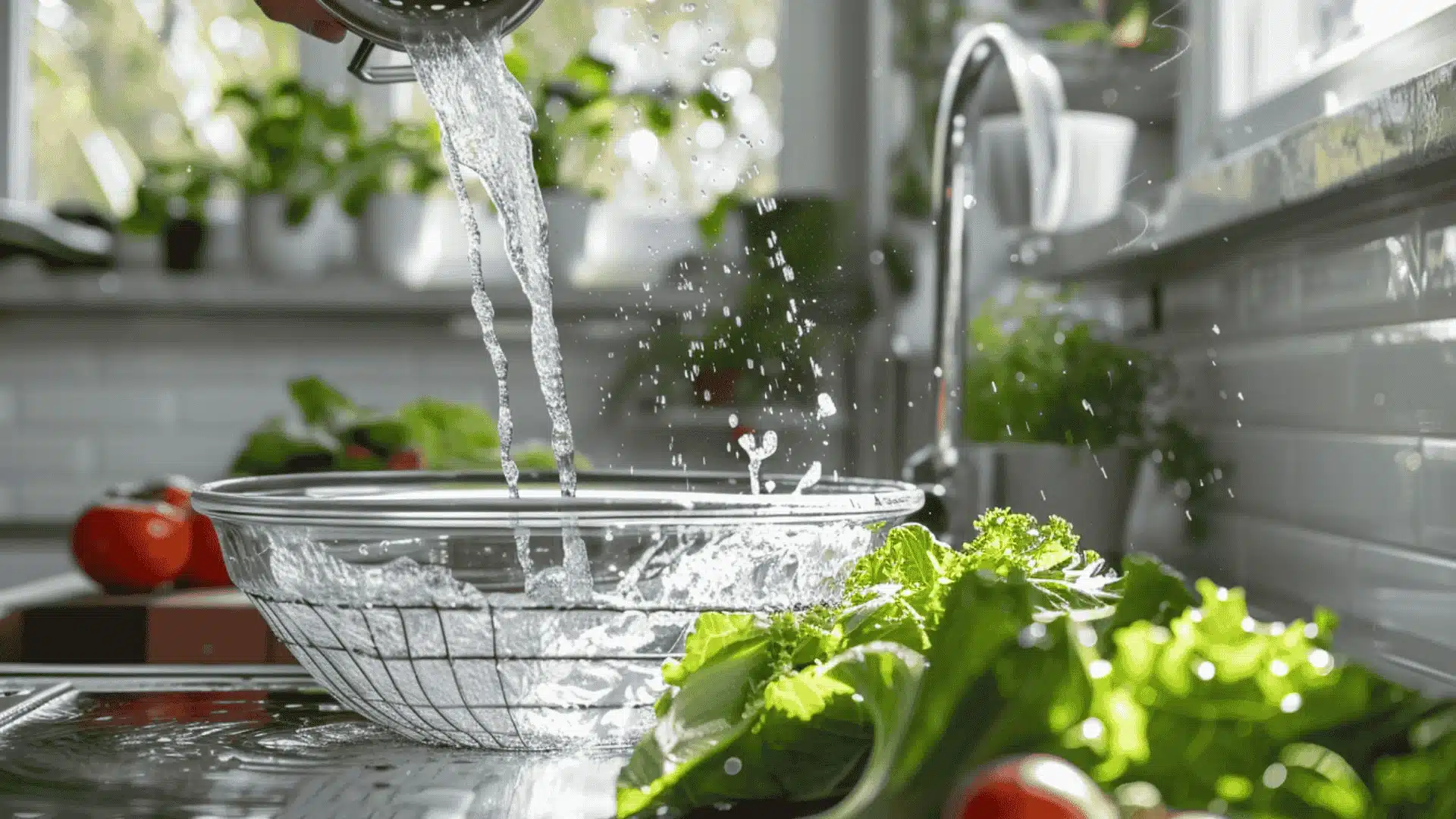 water pouring from a colander into a glass bowl shows how to use a salad spinner to wash fresh greens in a sunny kitchen