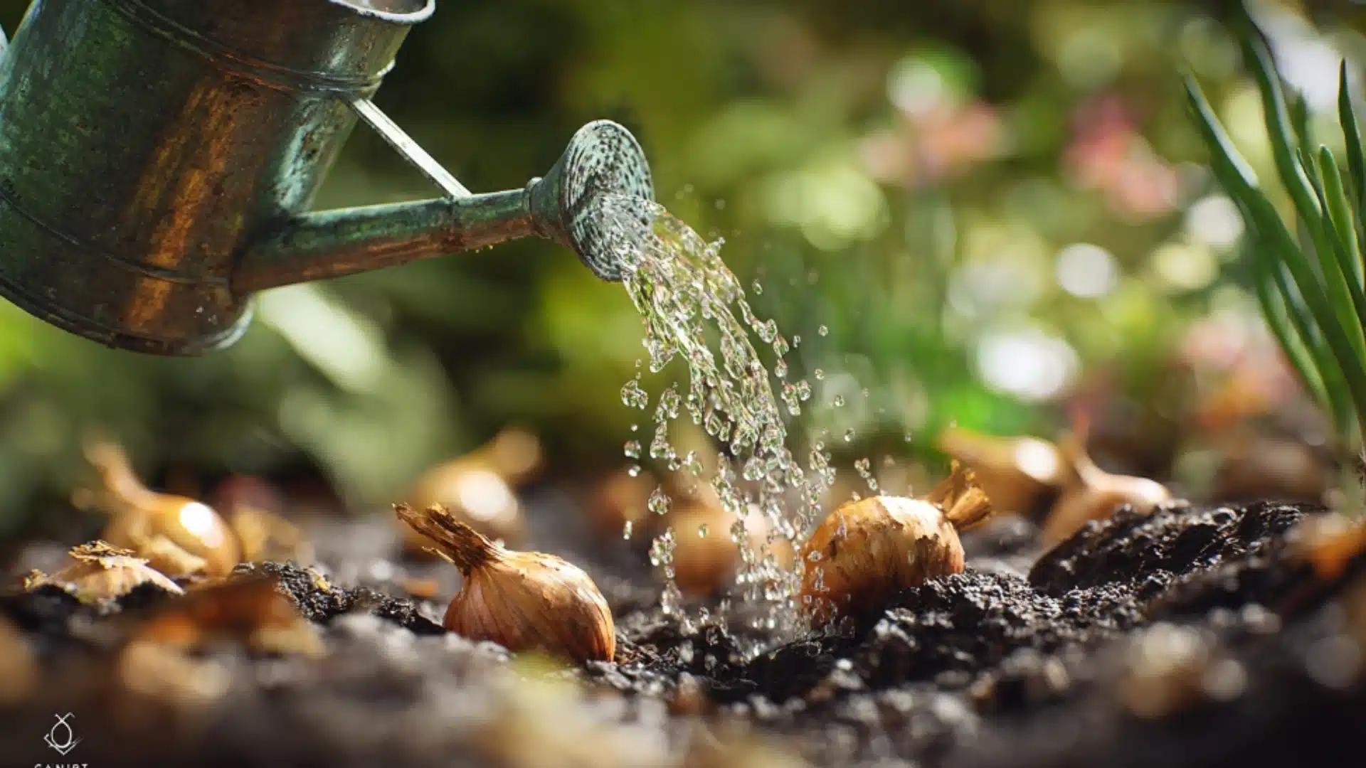 water pours from a metal can onto brown flower bulbs tucked into dark garden soil