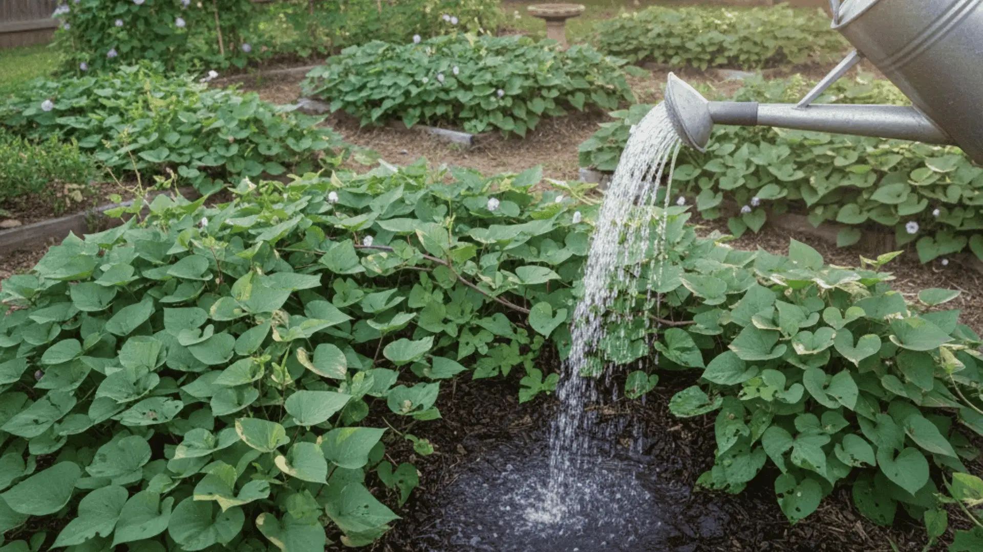 watering sweet potato plants growing in full sun during warm weather