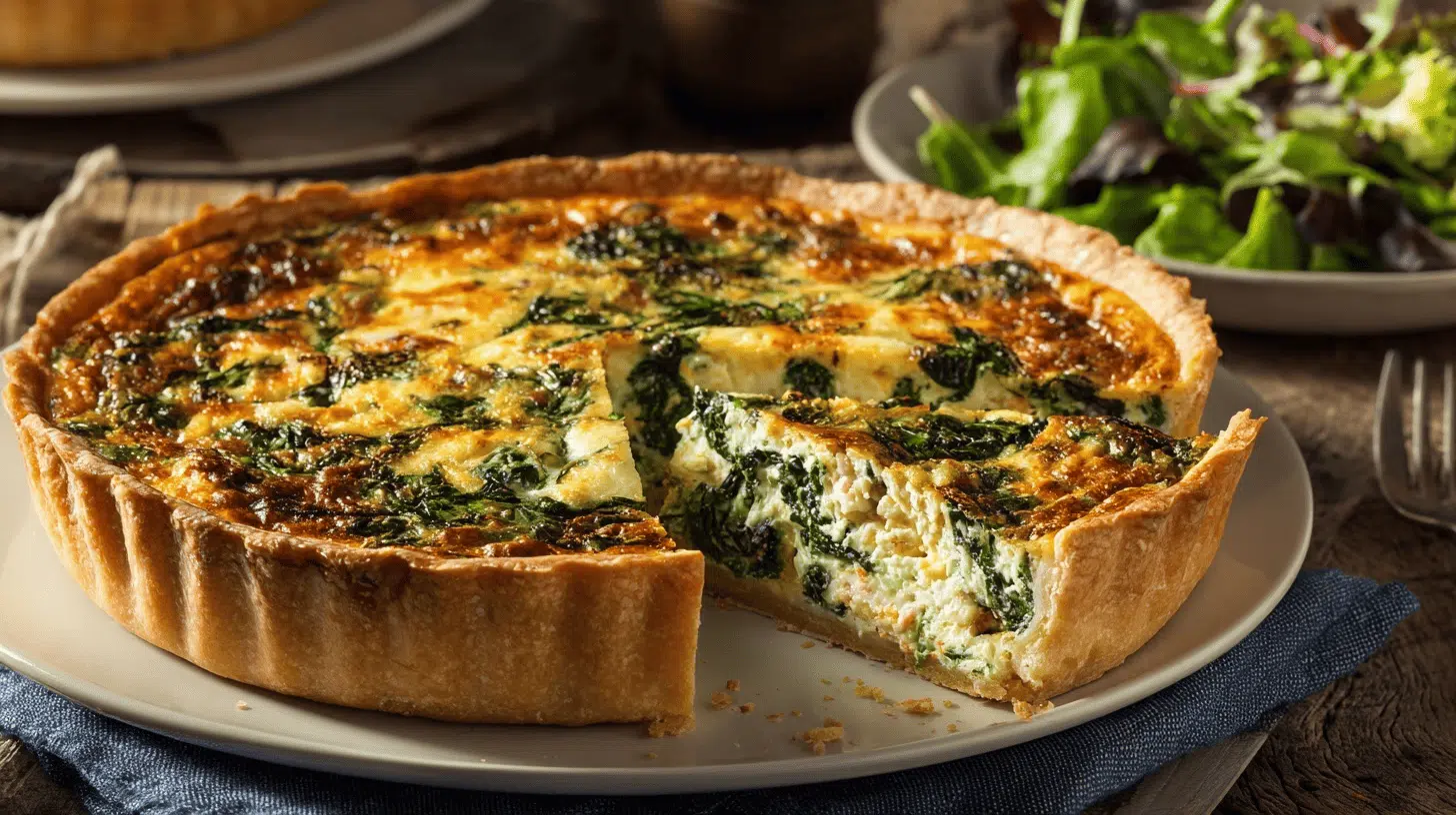 A Crab and Spinach Quiche on a plate, showcasing a golden crust filled with spinach and melted cheese